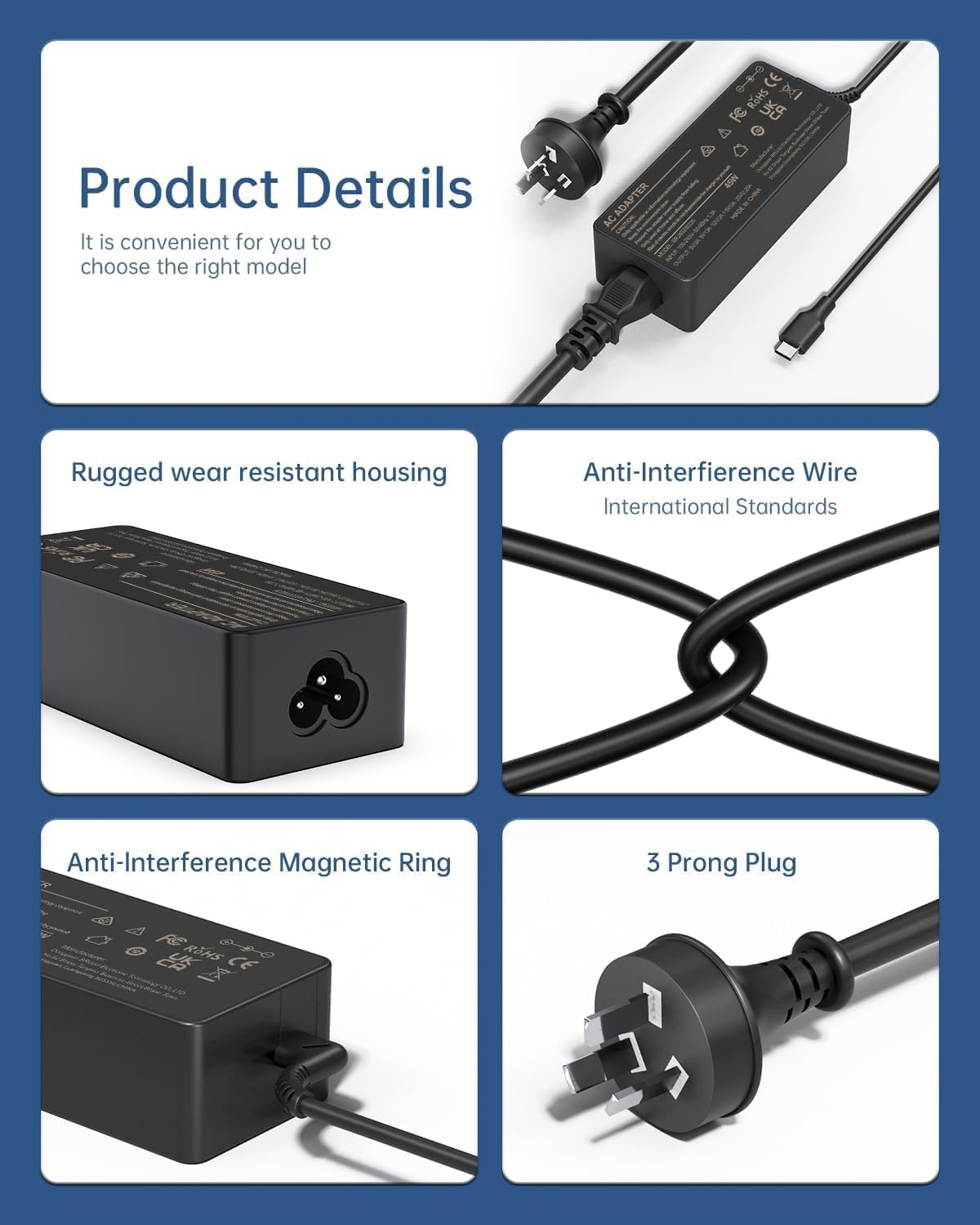 45W USB C Laptop Charger for Lenovo Chromebook 100E 300E 500E C330 S330 C340 Thinkpad T480 T480S T580 T580S E480 E580 ADLX45YIC3D Universal Type C AC Adapter Power Supply Cord image number 5