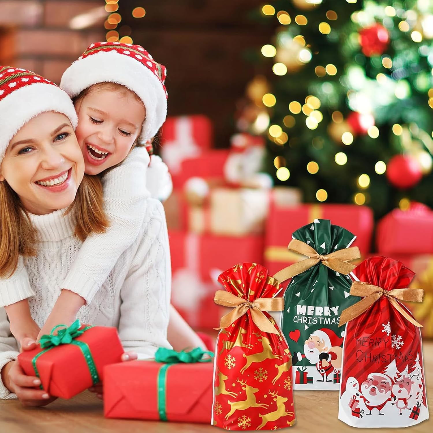 YQQZQ 50 Pcs Christmas Treat Bags,6X9 Inch 5 Assorted Classical Christmas Theme Drawstring Holiday Goodie Bags for Party Favor, Stand up Xmas Candy Bag image number 2