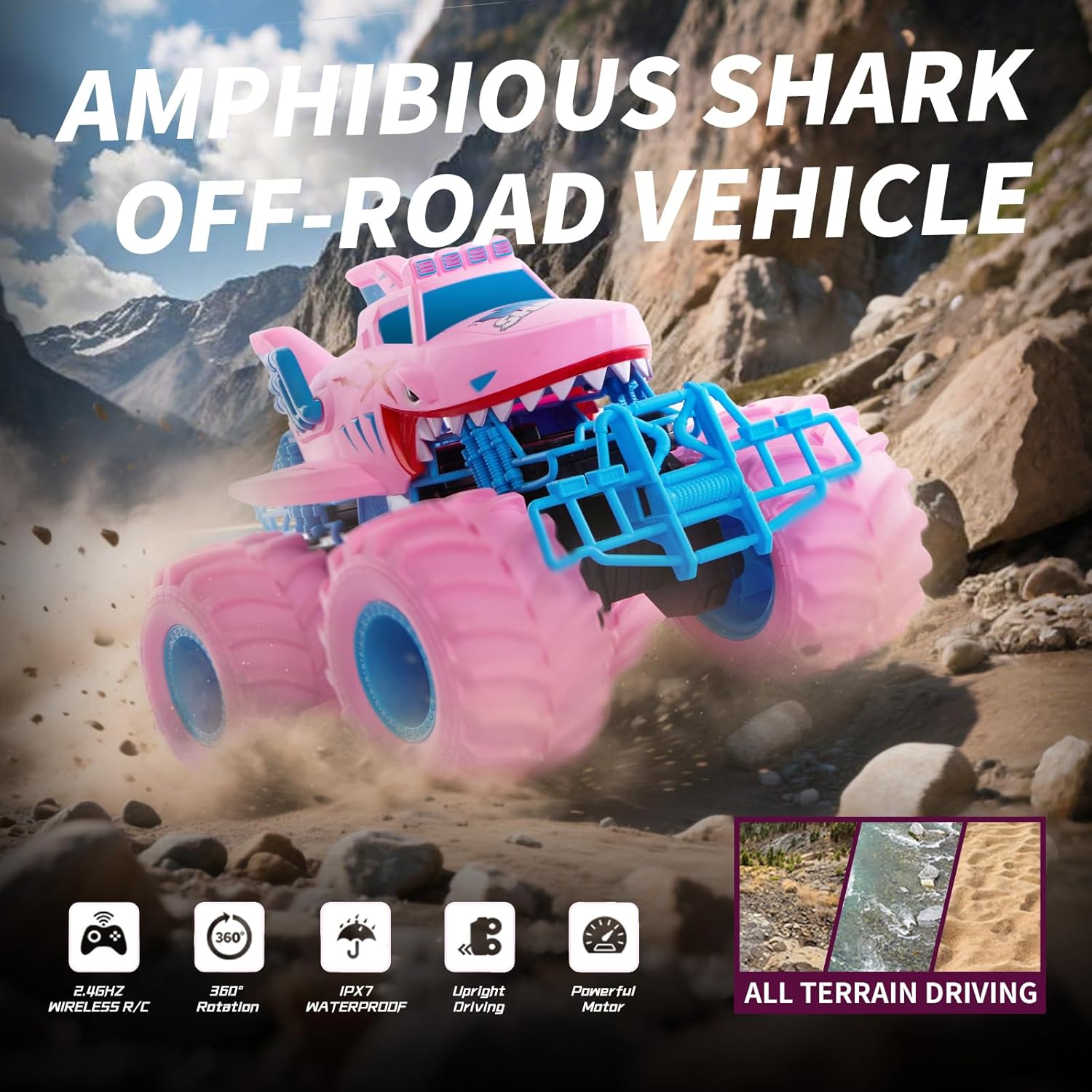 Pink Shark Waterproof RC Monster Truck Toys - Amphibious Remote Control Car 4WD All-Terrain Vehicle Toy for Girls Ages 4-12, Durable Off-Road Fun for Kids, Indoor & Outdoor Play image number 2