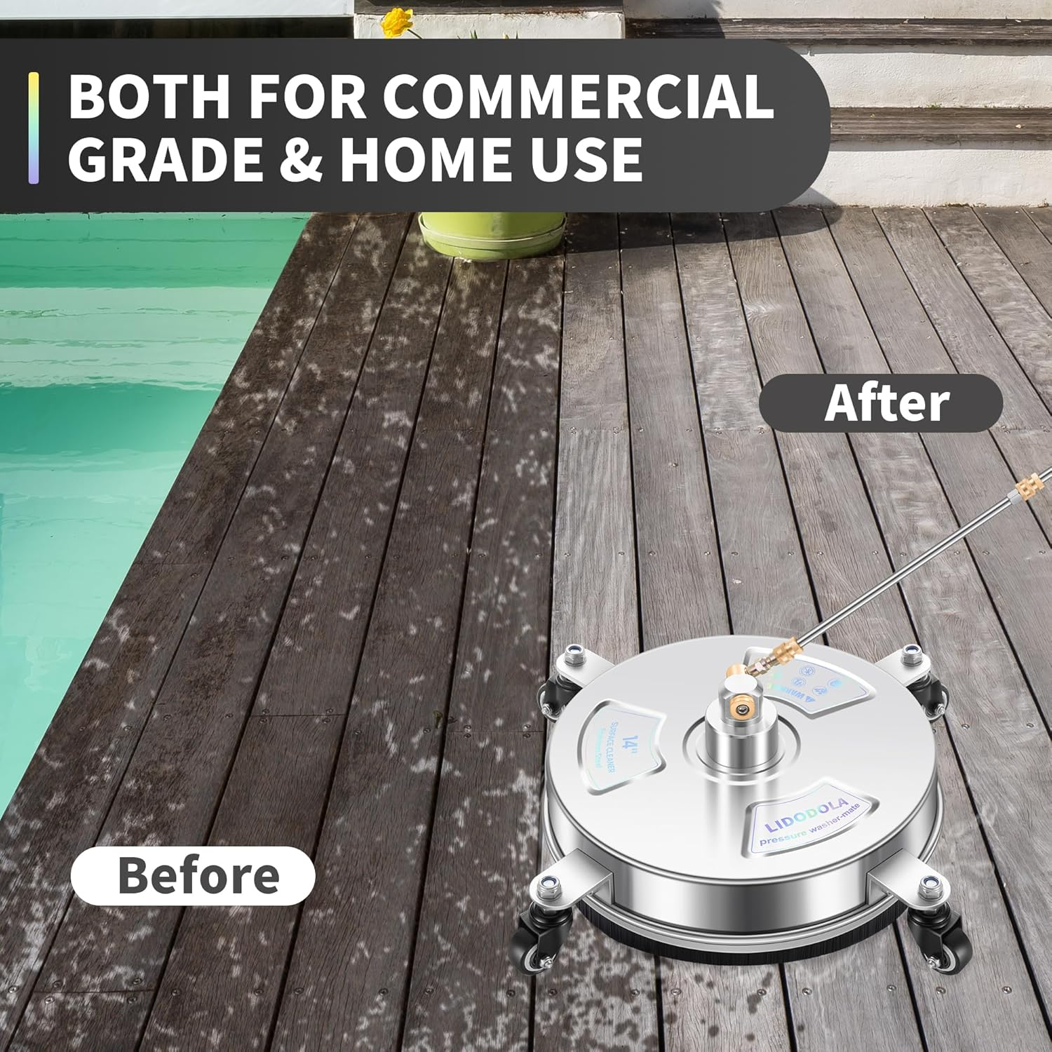 Lidodola Pressure Washer Surface Cleaner with 4 Wheels - Stainless Steel Surface Cleaner for Pressure Washer Attachment for Concrete, Patio, Sidewalk, Deck and Driveways (14 INCH Silver) image number 4