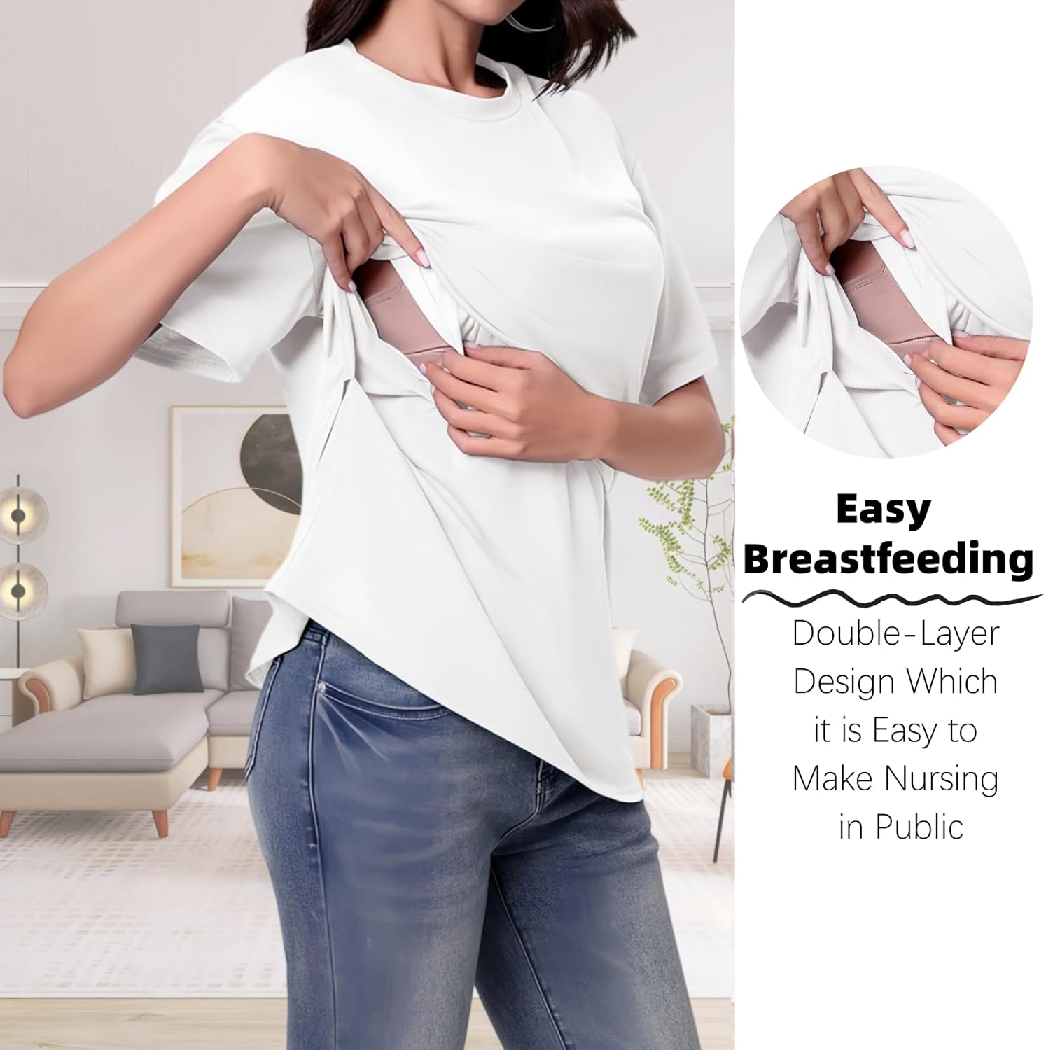 Maternity Tops Short Sleeve Nursing T-Shirt Lift-Up Breastfeeding T Shirts Plain round Neck Basic Nursing Top Loose Fit Pregnancy Clothes image number 3