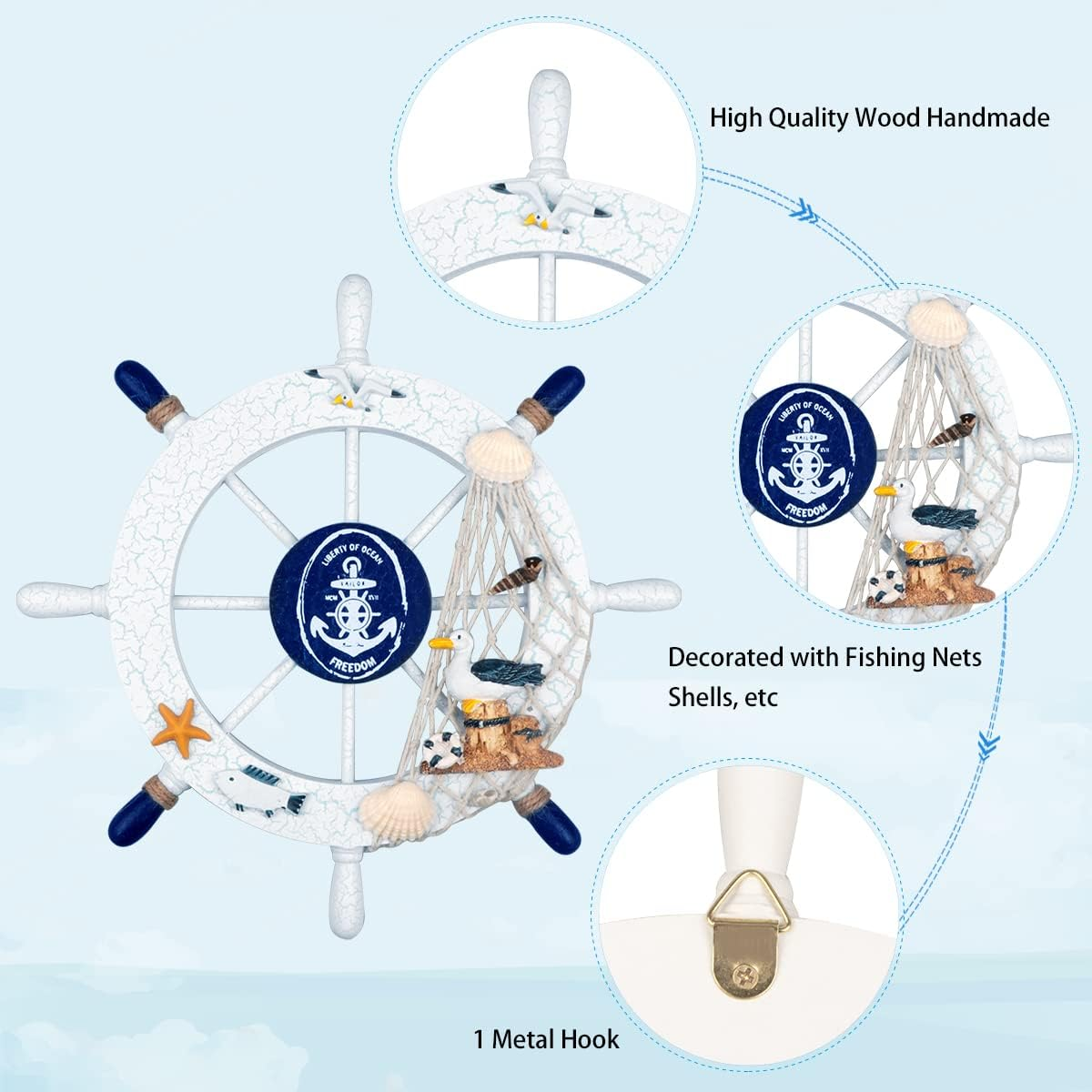 2 Pack 11 Wooden Ship Wheel and Wood Anchor with Rope Nautical Boat Steering Rudder Wall Decor Door Hanging Ornament (2) - Blue,White image number 7