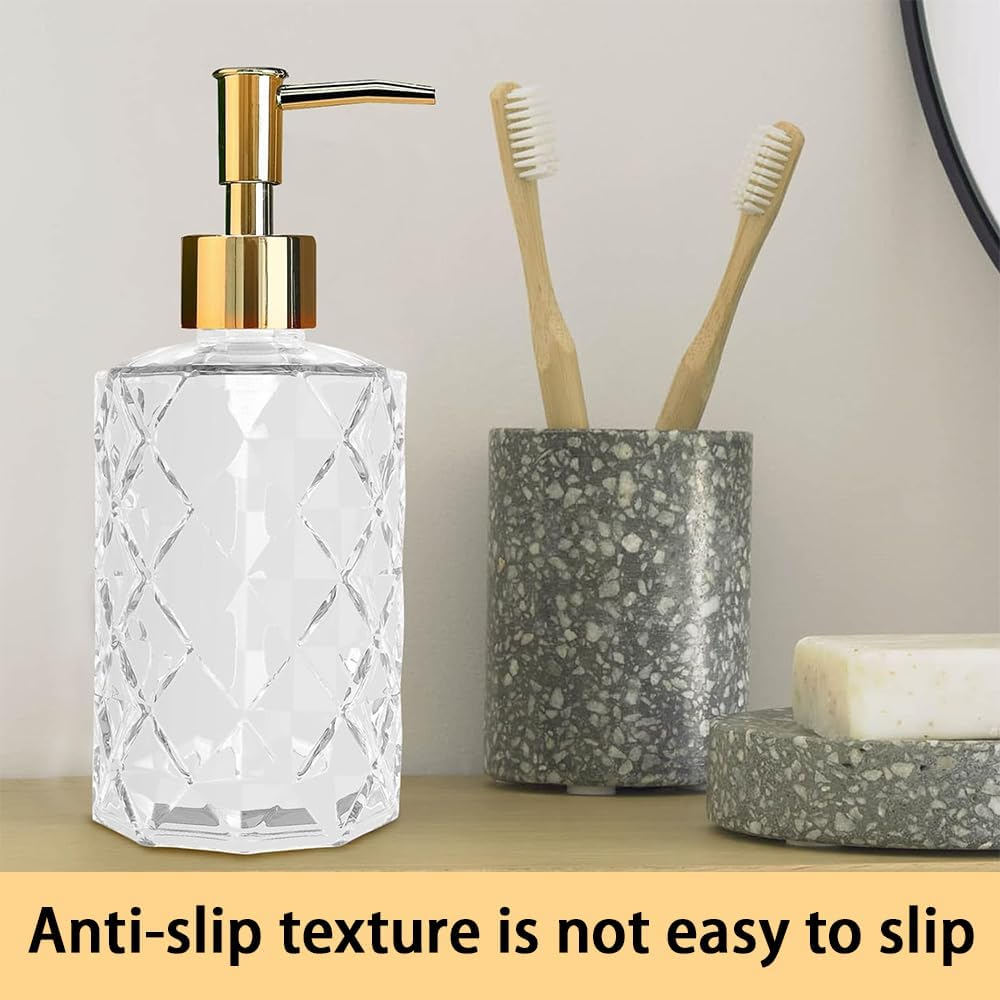 2 Pack 12Oz Diamond Hand Soap Dispenser, Clear Glass Soap Dispenser with Gold Pump, Refillable Lotion Dispenser & Dish Soap Dispenser, Bathroom Soap Dispenser for Liquid, Shower Gel image number 3