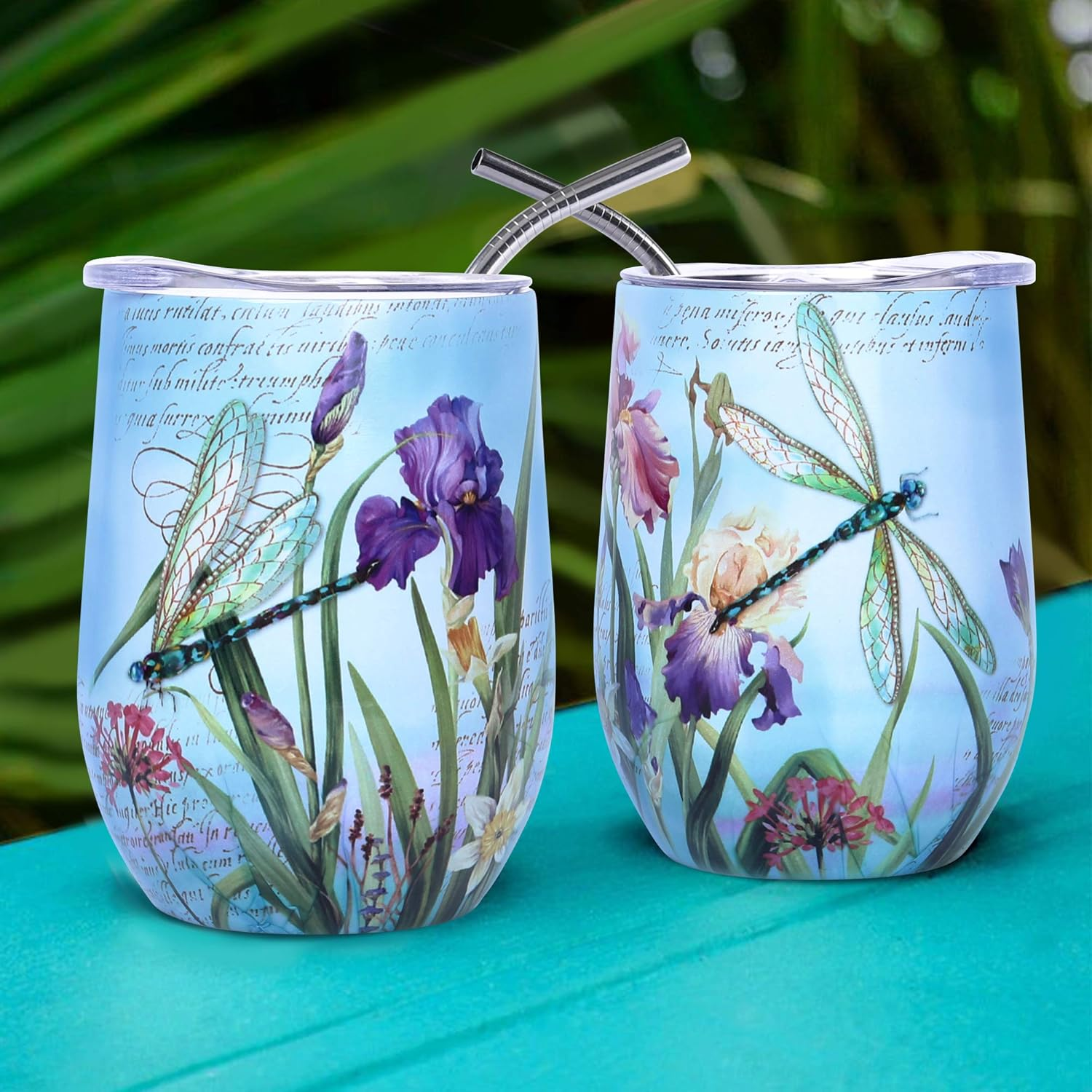 Nymphfable 12Oz Stainless Steel Wine Tumbler with Straw and Lid Dragonflies Insulated Wine Glass Double Wall - Multi-Pineapple image number 4