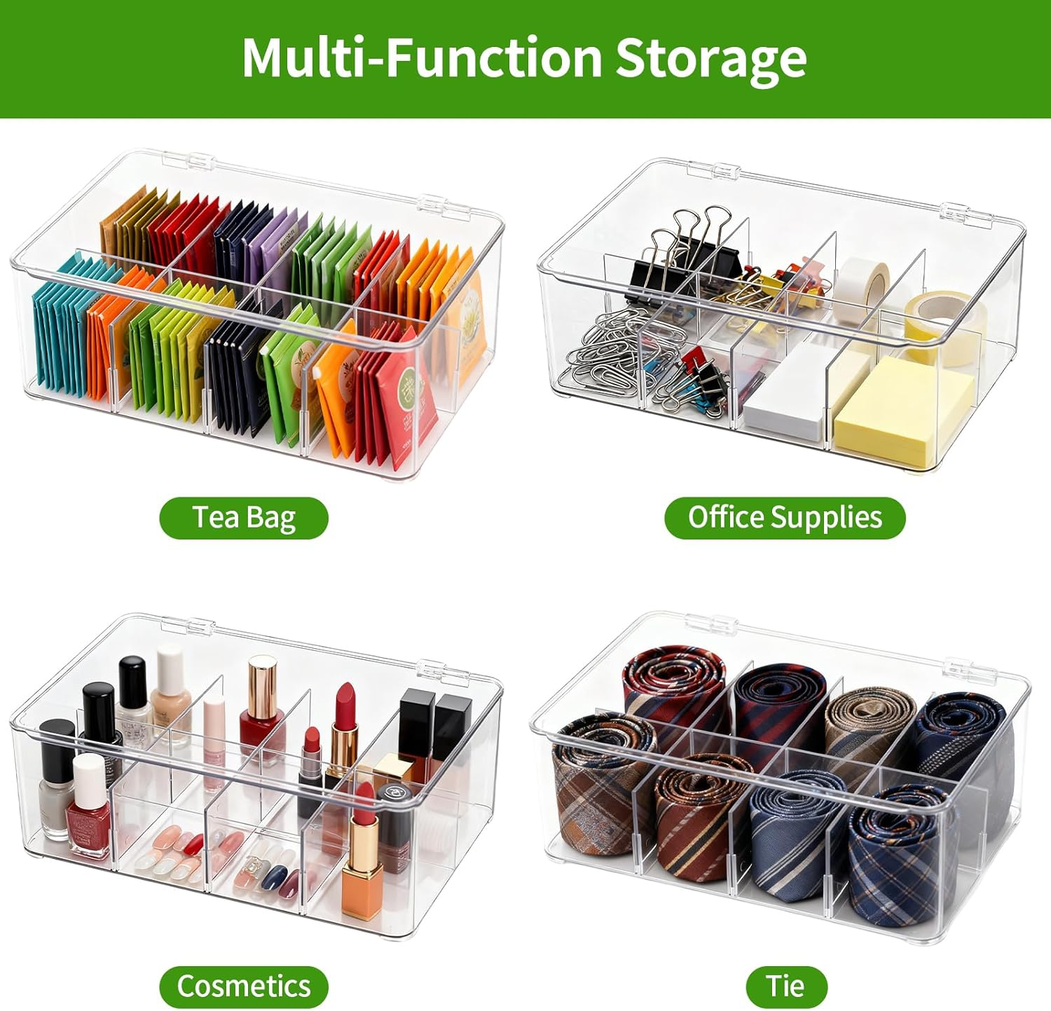 Tea Bag Organiser, Stackable Tea Box, Storage Box with Lid, Transparent Lsolation Layer Organisers Adjustable Dividers Set for Coffee, Biscuit, Bread, Snack, Candy