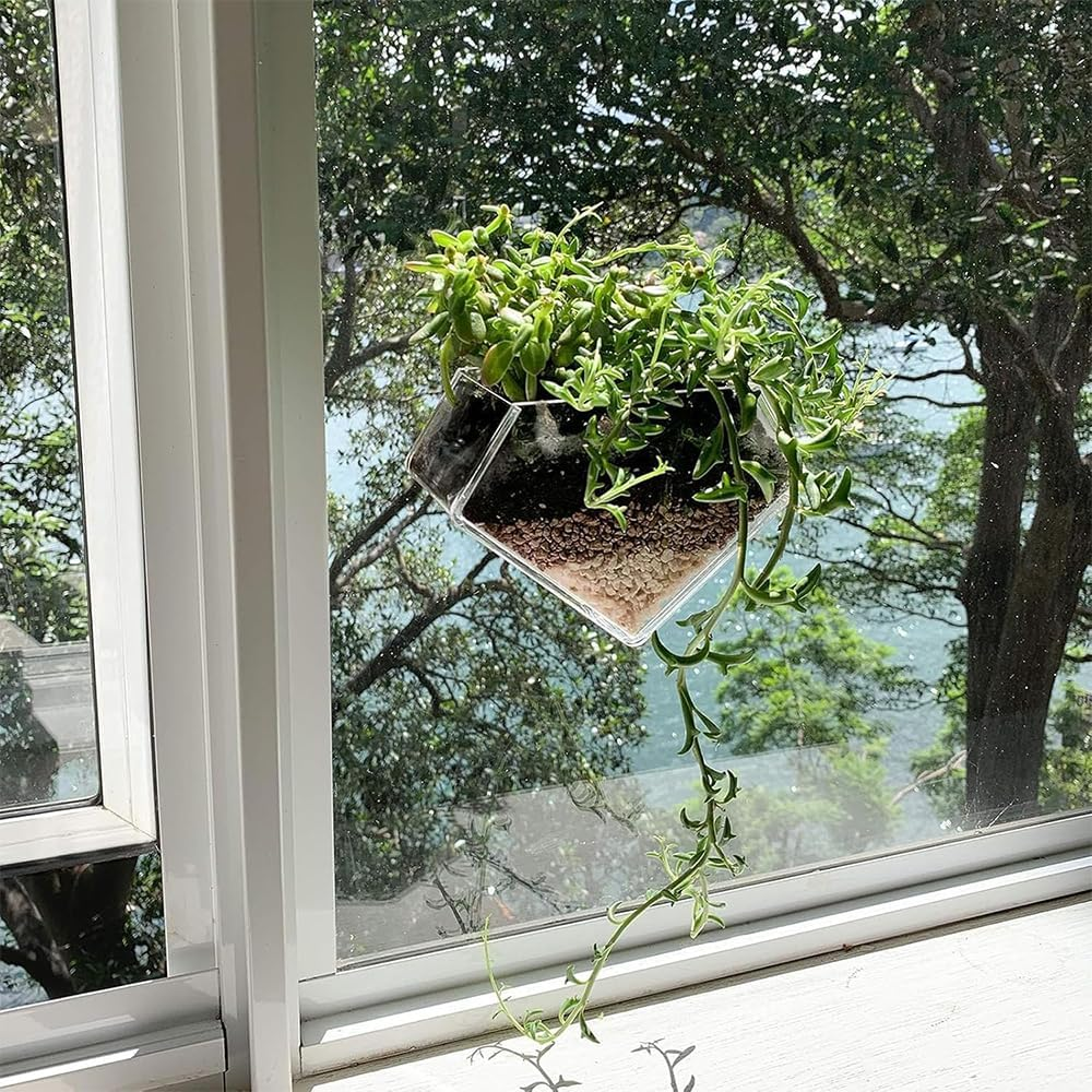 NYGHMY 1 Pcs Diamond Shape Acrylic Window Planter - Transparent Suction Cup Pot for Succulents, Herbs, and Indoor Gardens image number 1