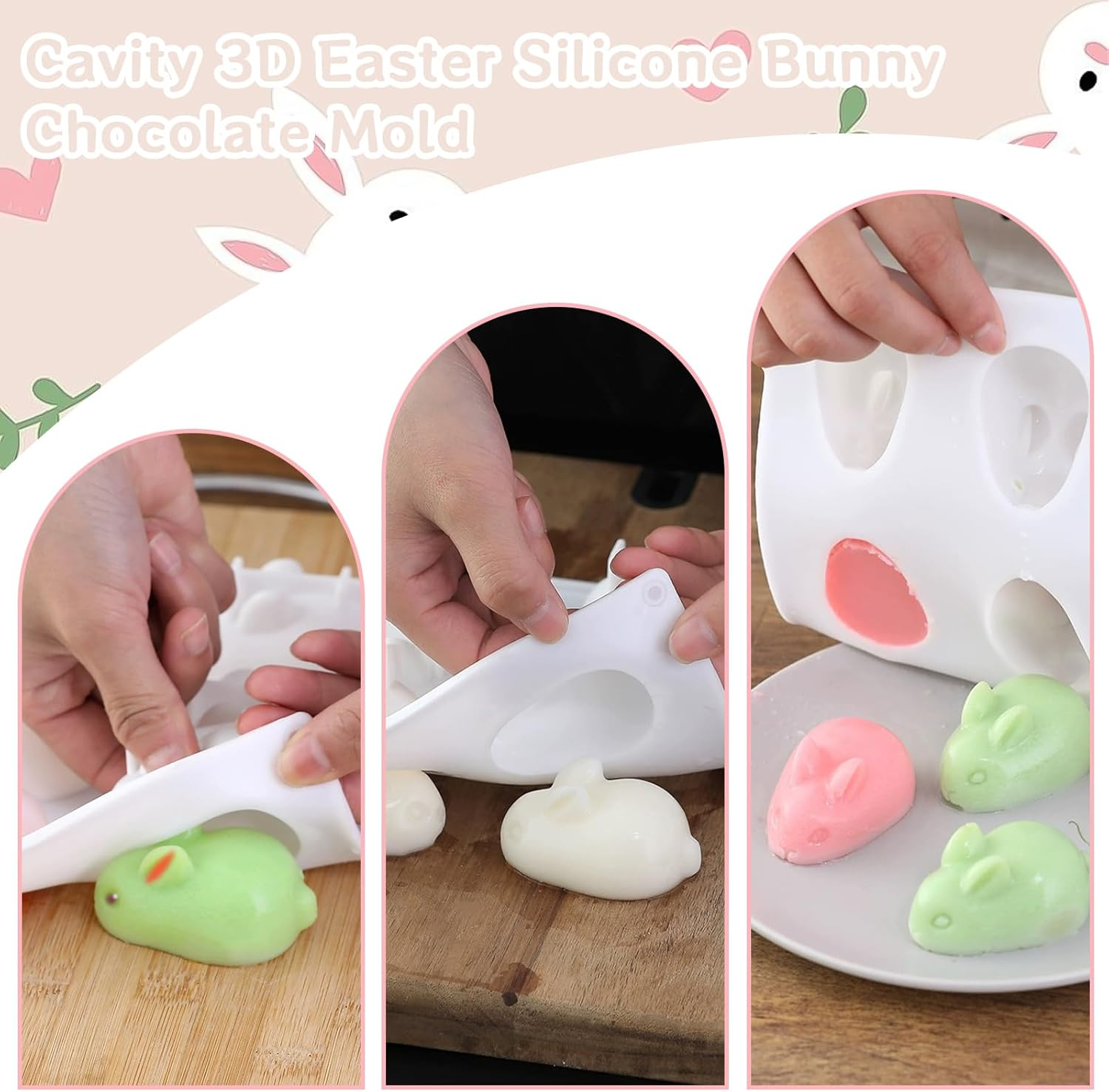 Newmemo 6 Cavity 3D Easter Silicone Bunny Chocolate Mold, Silicone Rabbit Mold, Easter Rabbit Bunny Baking Mould for Mousse Cake Pudding Jelly Dessert Fondant Cheesecake Soap Ice Tray - White image number 3