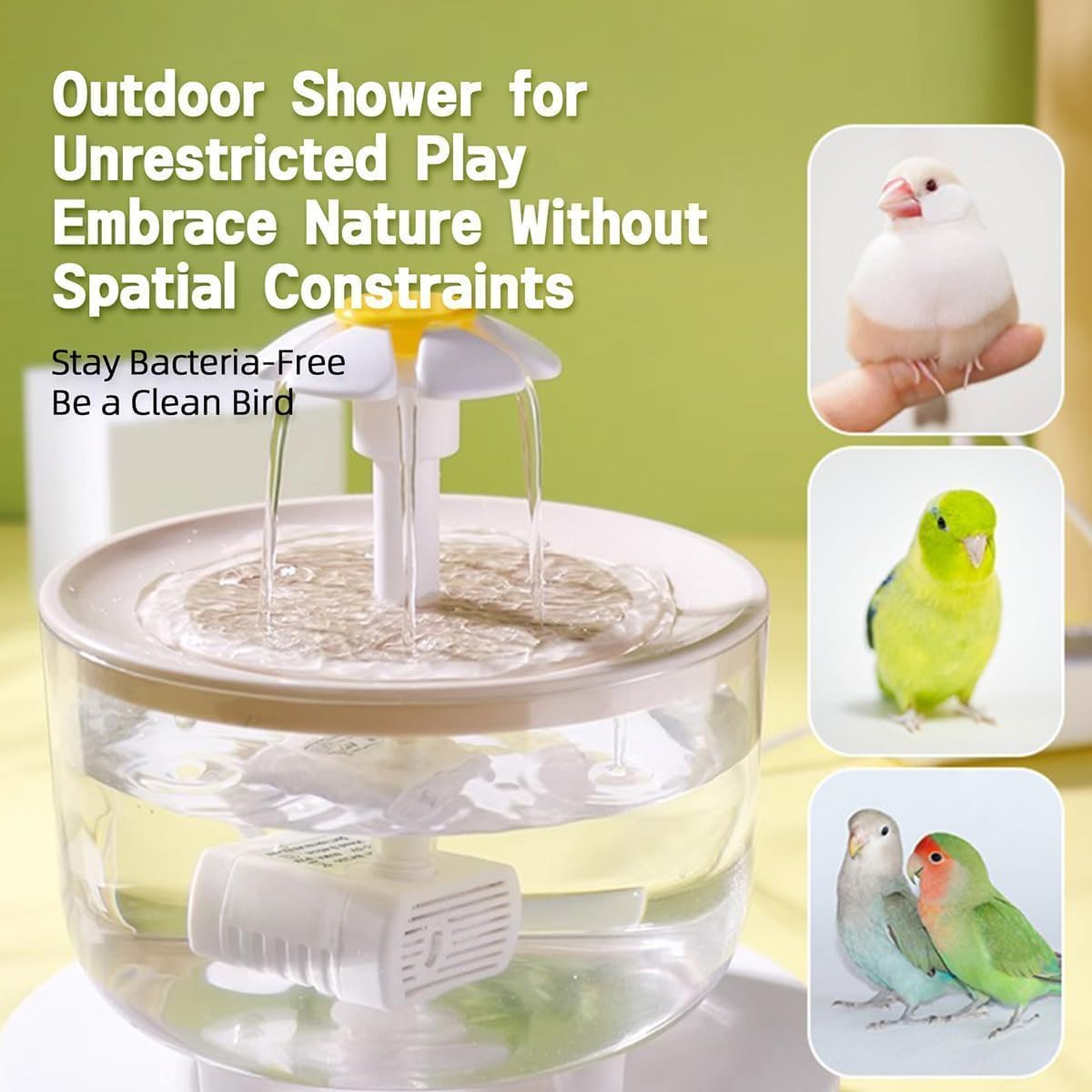 MANON ROSA Bird Bath for Parakeets - Small Bird Shower Bathing Fountain with Filtered Circulating Water Pool Sink for Parrots Lovebirds Conures Finches Cockatiels - Easy-Clean Pet Accessories (Clear) image number 4