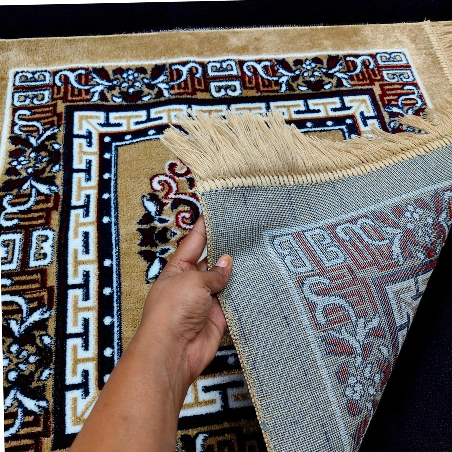 Pooja Aasan in Velvet for Puja and Yoga Meditation Rug Carpet, Mattress Mat Stylish Puja Clothes Rugs Pooja Aasan, Car Seat Cover, Sofa Mat Set Traditional Table Decor (24" Inch Buff Color) image number 4