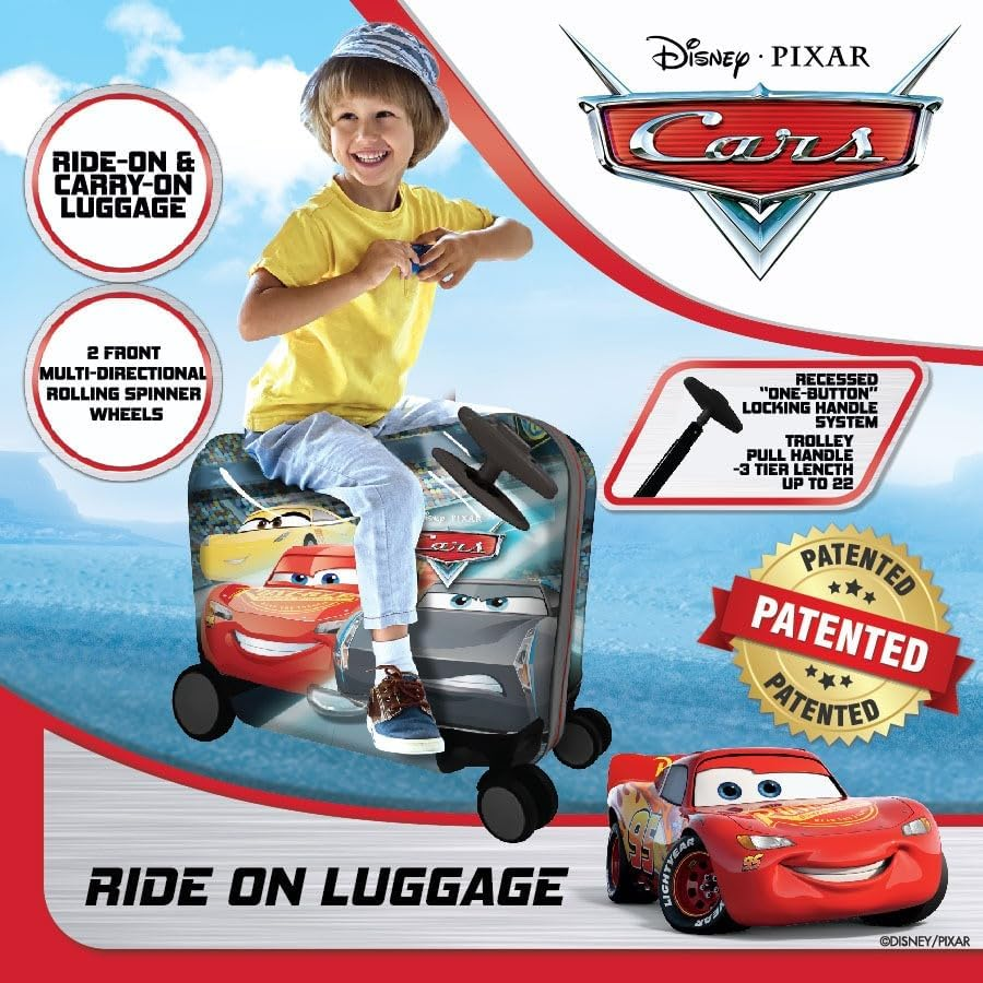 Fast Forward Ride-On 18" Suitcase for Kids/Towing Toddler Carry-On Luggage with Wheels, Multicoloured, L, Cars image number 4