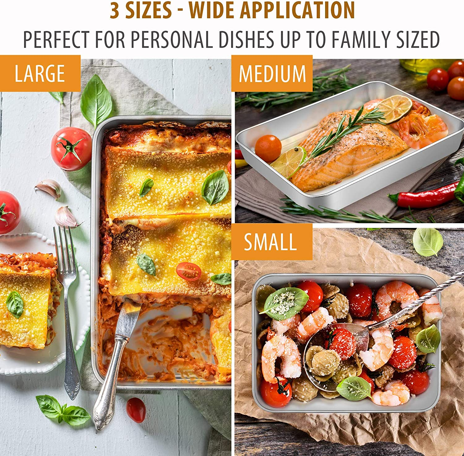 E-Far Baking Pans Set of 3, Stainless Steel Sheet Cake Pan for Oven - 12.5/10.5/9.4Inch, Rectangle Bakeware Set for Cake Lasagna Brownie Casserole Cookie, Non-Toxic & Healthy, Dishwasher Safe image number 1