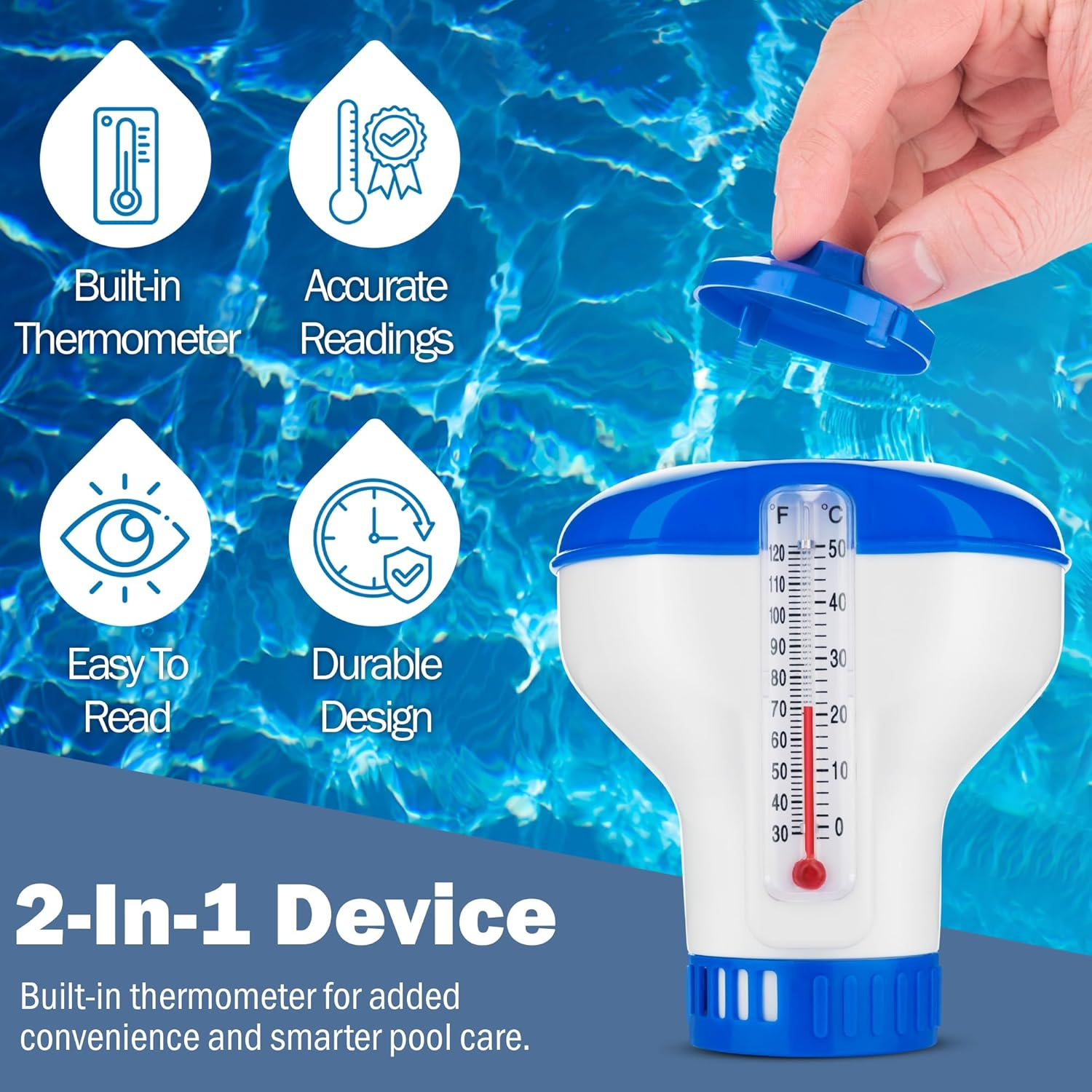 Chlorine Dispenser for Hot Tub with Built-In Thermometer &ndash; Floating Chlorine Dispenser for Hot Tubs, Pools, and Spas &ndash; Adjustable Flow Control, Durable Design image number 5