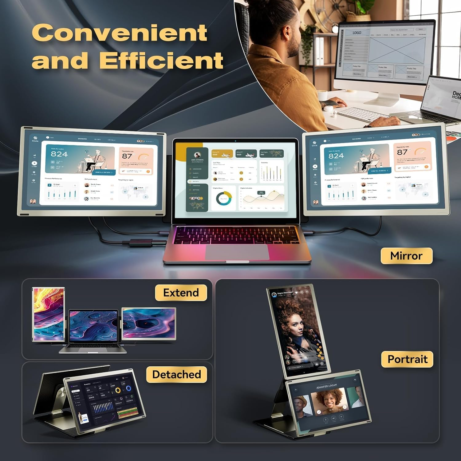 Teamgee 15.6&rdquo; Laptop Screen Extender, 120% Srgb FHD 1080P Detachable Triple Monitor with 235&deg; Rotation & Kickstand, Plug & Play, Portable Monitor for 13-17&rdquo; Laptops (Mac/Windows/Android) image number 3