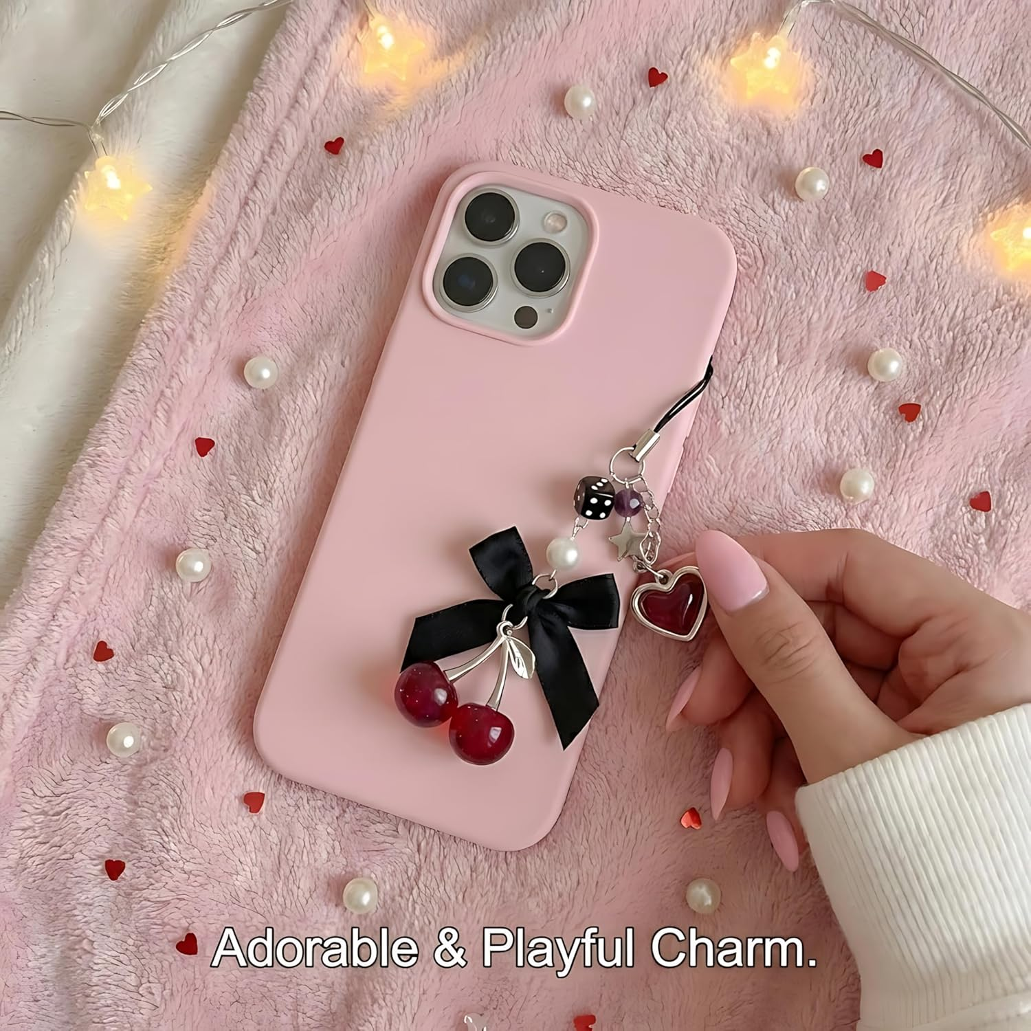 Nalefow Phone Charms Strap Cute Cherry Cellphone Straps Aesthetic Pink Red Black Bluecherry Phone Chain for Camera Keychain Bag Pendant Decor Gift image number 5