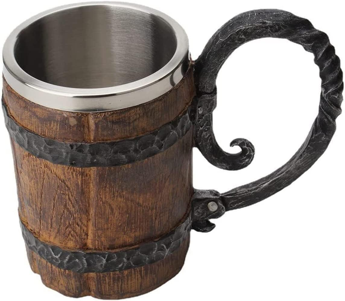 Viking Wood Style Beer Mug,Wood Imitation Barrel Stainless Steel Beer Mug,Vintage Bar Handmade Wooden Beer Mug (Wooden Barrel Beer Mug 550ML) image number 1