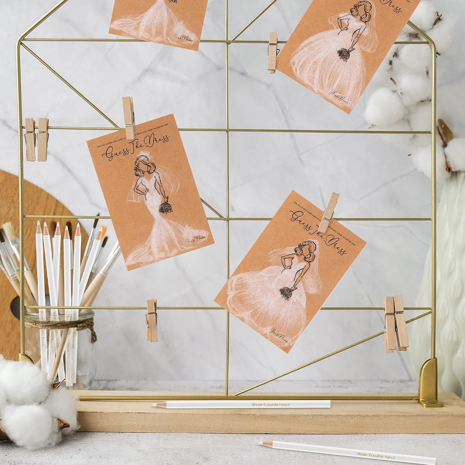 Fulmoon 30 Sets Guess the Dress Bridal Shower Games for Guests Include Wedding Shower Games Cards and Water Soluble Pencils Fun Wedding Decorations Party Supplies Games Ideas (Brown) - Pink, 30 image number 4