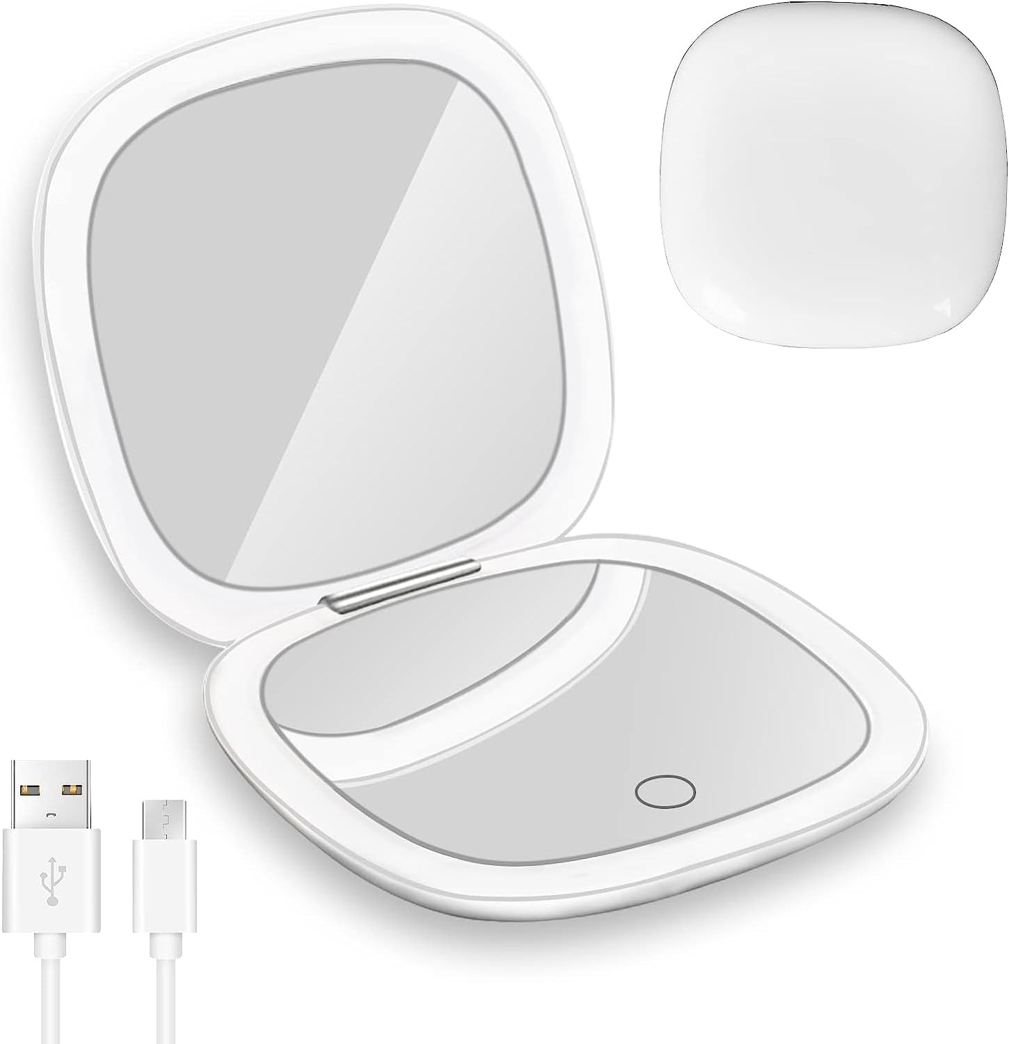 YUKAIONE Rechargeable LED Makeup Mirror, Compact Travel Mirror with 1X/10X Magnification, 3 Color Lights, Mini Magnetic Pocket Mirror for Women(White)