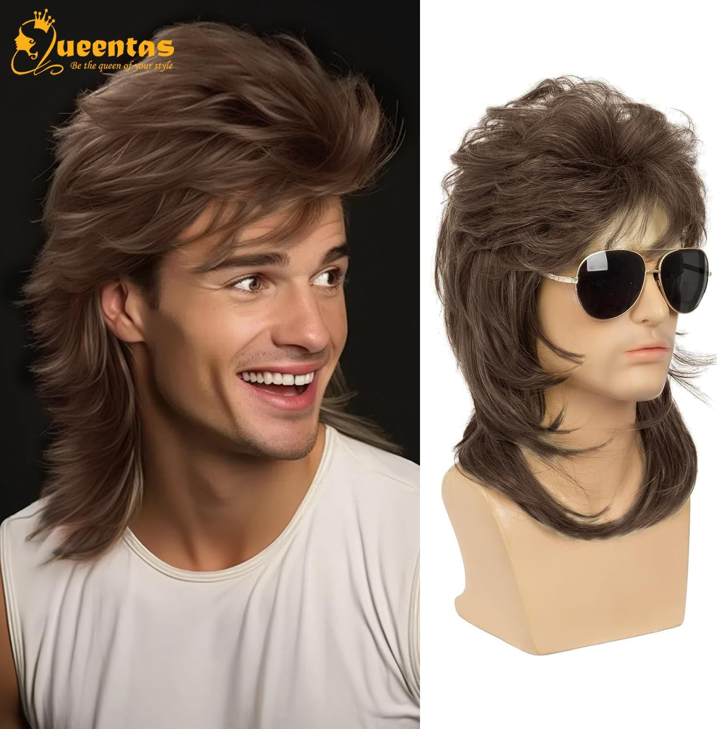 QUEENTAS Mullet Wigs for Men Brown 80S Costumes Adult Funny Wig Fancy Party Accessory Cosplay Pop Rock Hair image number 5