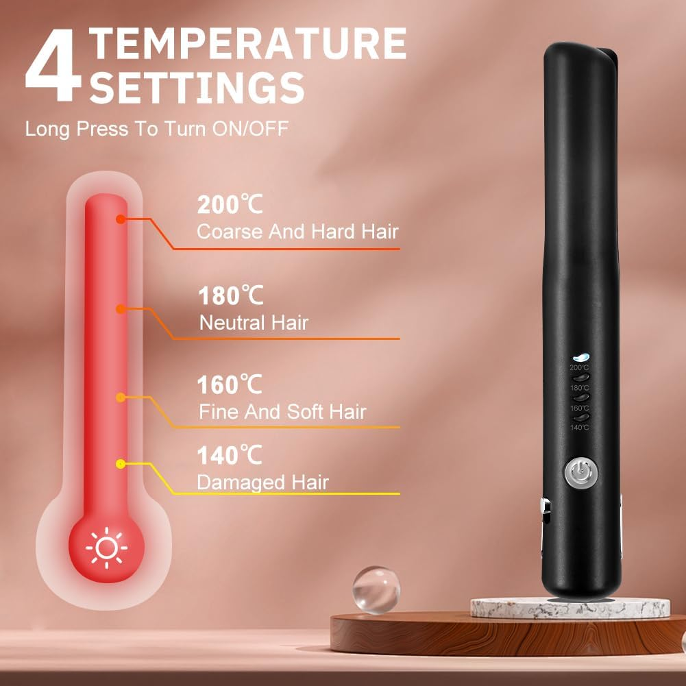 Alaoo Wireless Hair Straightener, 2 in 1 Ceramic Hair Straightener, 4 Temperature, Adjustable Temperature 140 &deg;C - 200 &deg;C, Curler Straightener for Women, Holidays, Travel, Camping Styling, Black - Black image number 4