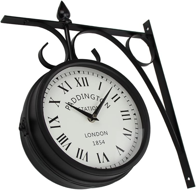 Wrought Iron Antique-Look Brown round Wall Hanging Double Sided Two Faces Retro Station Clock round Chandelier Wall Hanging Clock with Scroll Wall Side Mount Home D&eacute;cor Wall Clock (Black+White) - Copper image number 6