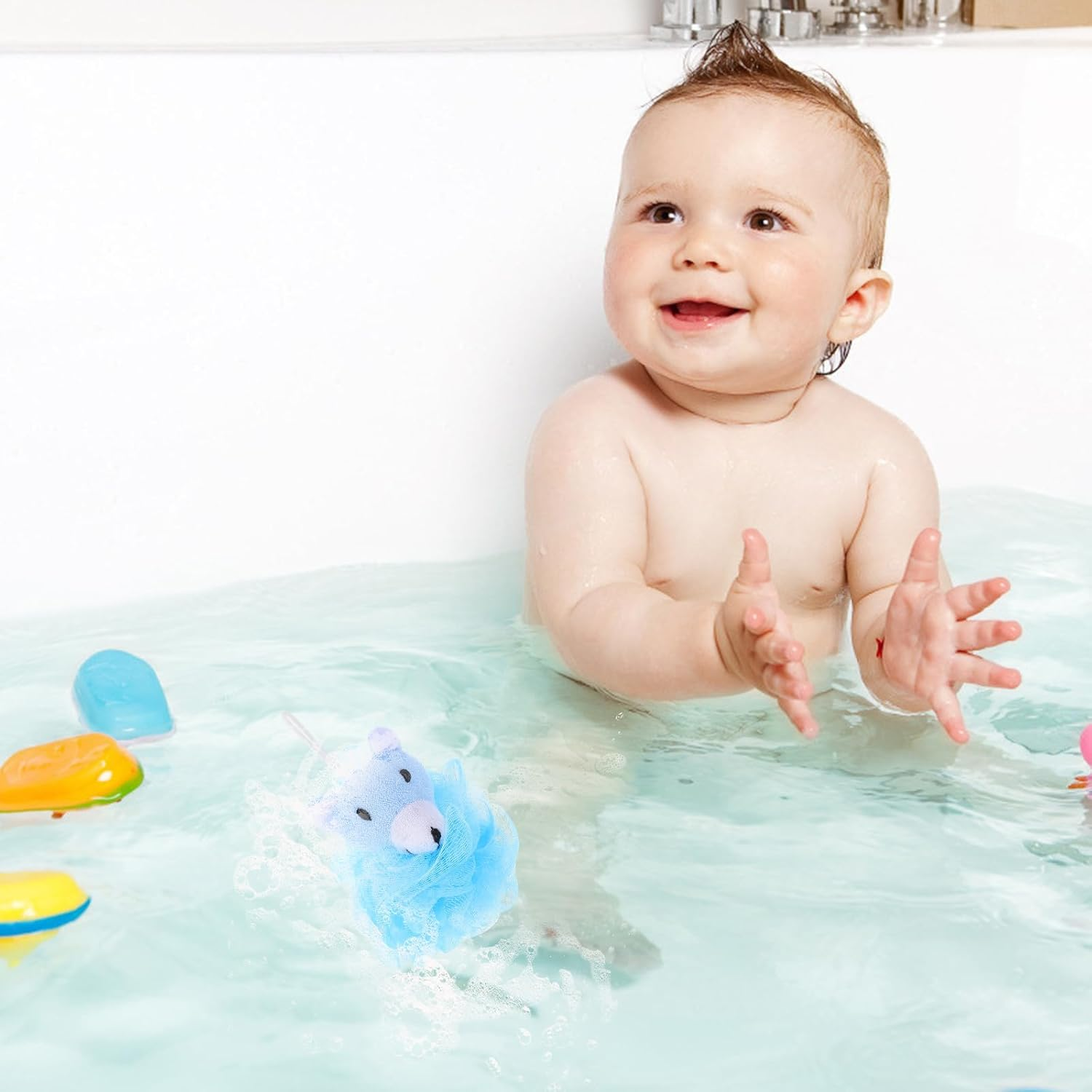 CIYODO 4Pcs Cartoon Animal Bath Loofah Sponge for Soft Exfoliating Shower Puff with Yellow Duck Pink Rabbit Green Bear Gentle Body Cleanser for Fun Bathing Experience image number 4