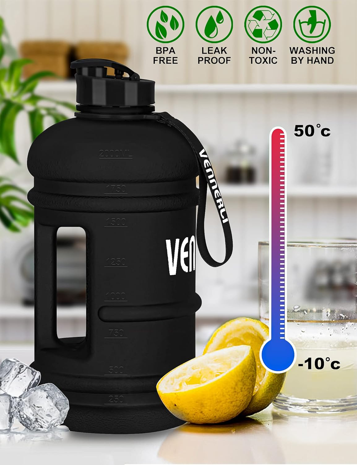 Half Gallon Water Bottle 2.2L Bottles with Handle Flip Cap 100% Leak Proof BPA Free Reusable Durable Big Gym Jug for Camping Sports Workouts Hiking Outdoors 2.2Litre (Matte Black) image number 4