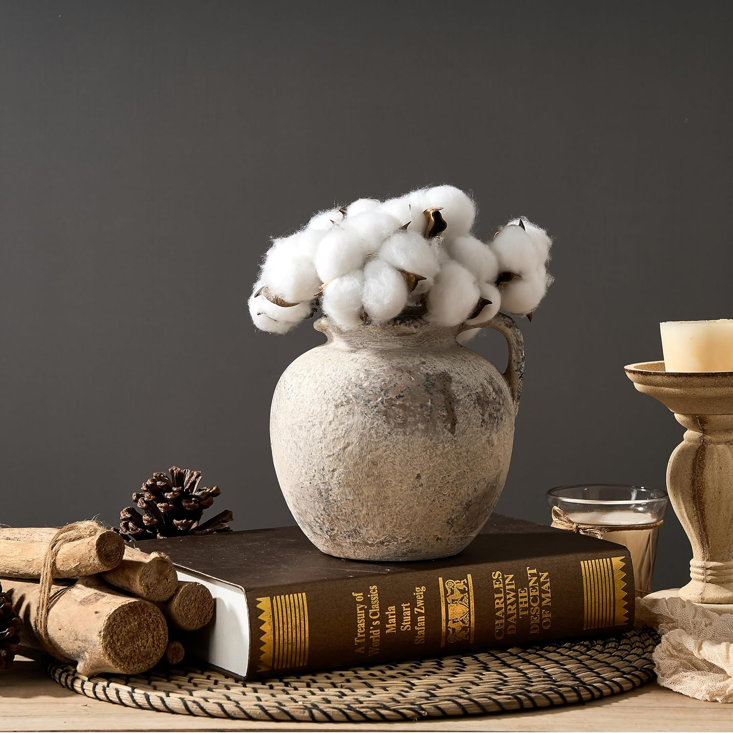 PORCER 9.3 Inch Antique Ceramic Vase, Terracotta Vase with Handle, Boho Decor Farmhouse Decorative Vase, Rustic Vase for Home Decor, Living Room, Entryway, Wedding - Distressed Design, Gray