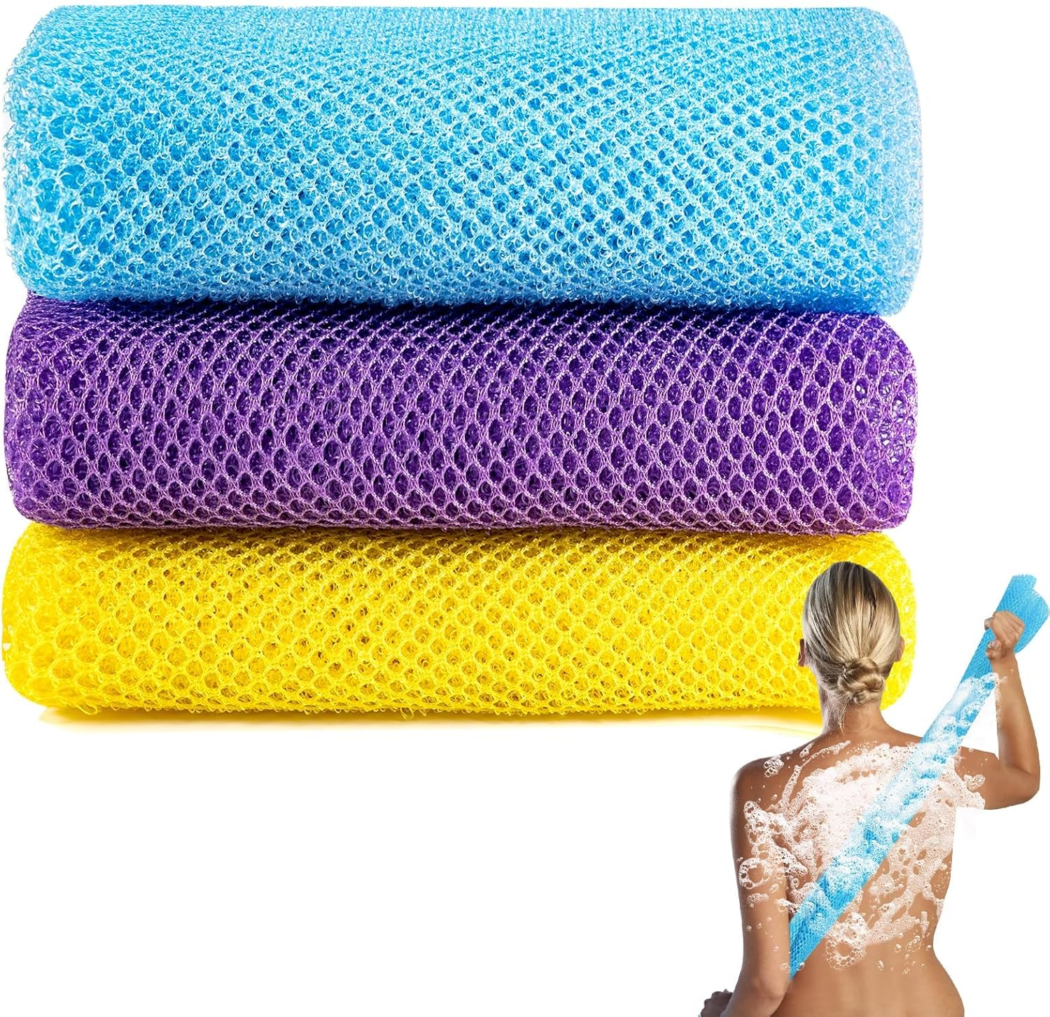3 Pieces African Net Bath Sponge African Exfoliating African Scrubbing Long Net Rag African Wash Net Shower Body Scrubber, Yellow Pink Purple image number 3