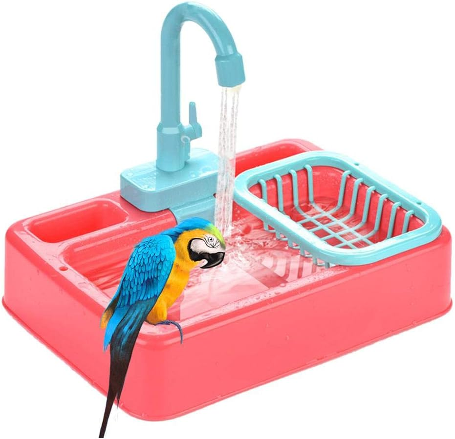 Keersi Bird Automatic Bathtub Swimming Pool Toy Bath Shower Water Dispenser for Parrot Budgie Parakeet Cockatiel Conure Lovebird Finch Canary African Grey Cockatoo Amazon Macaw Cage Healthy (Pink)