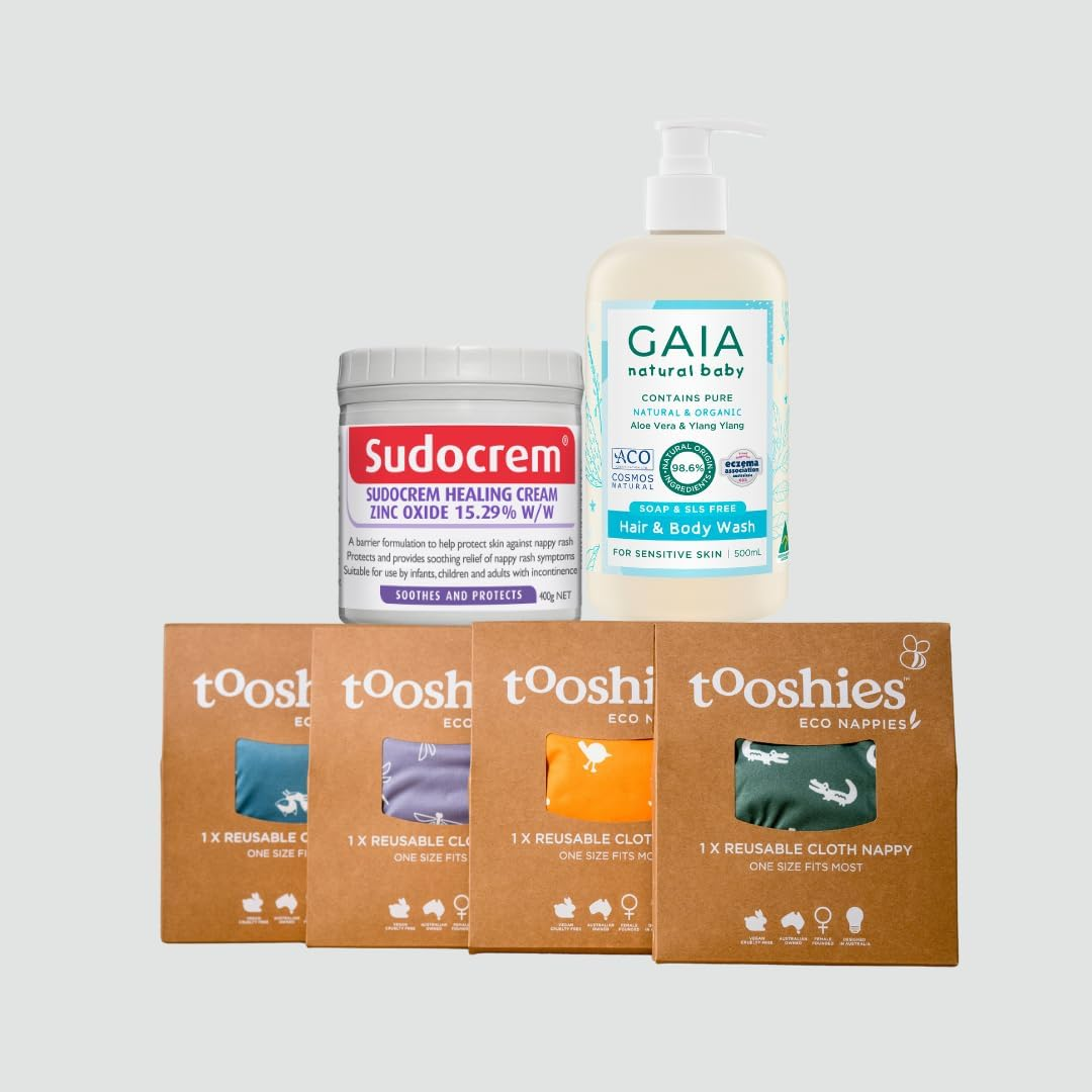 Tooshies Reusable Cloth Nappies, 4 Pack + Sudocrem Healing Cream 400G + GAIA Natural Baby Hair and Body Wash 500Ml image number 3