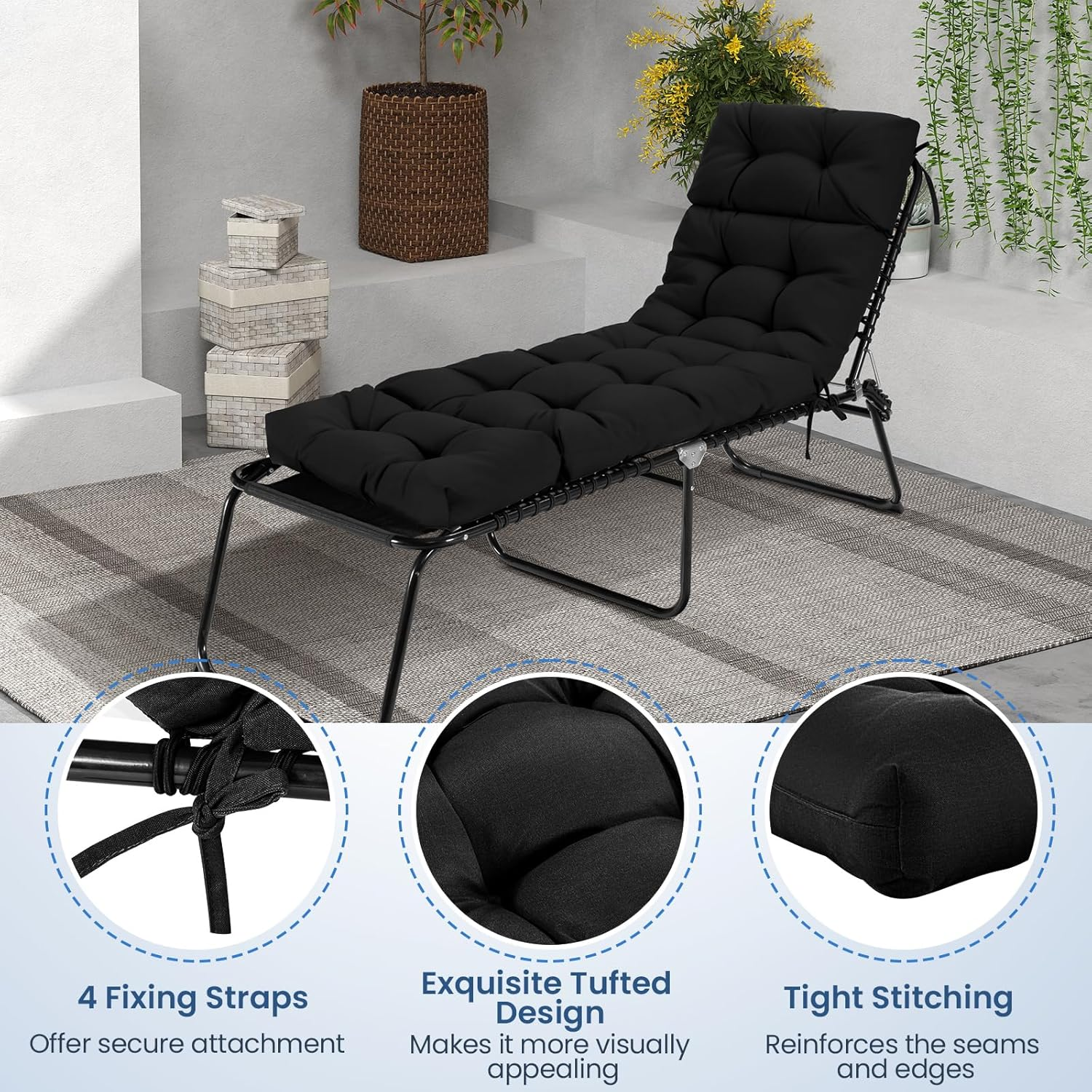 Costway Sunlounger Chair Cushion, High Back Recliner Cushion with 4 Fixing Ties, Thick Padded Reclining Chair Rocking Cushion for Outdoor Indoor (Only Cushion) (1, Black, 186 X 56 X 11 Cm)