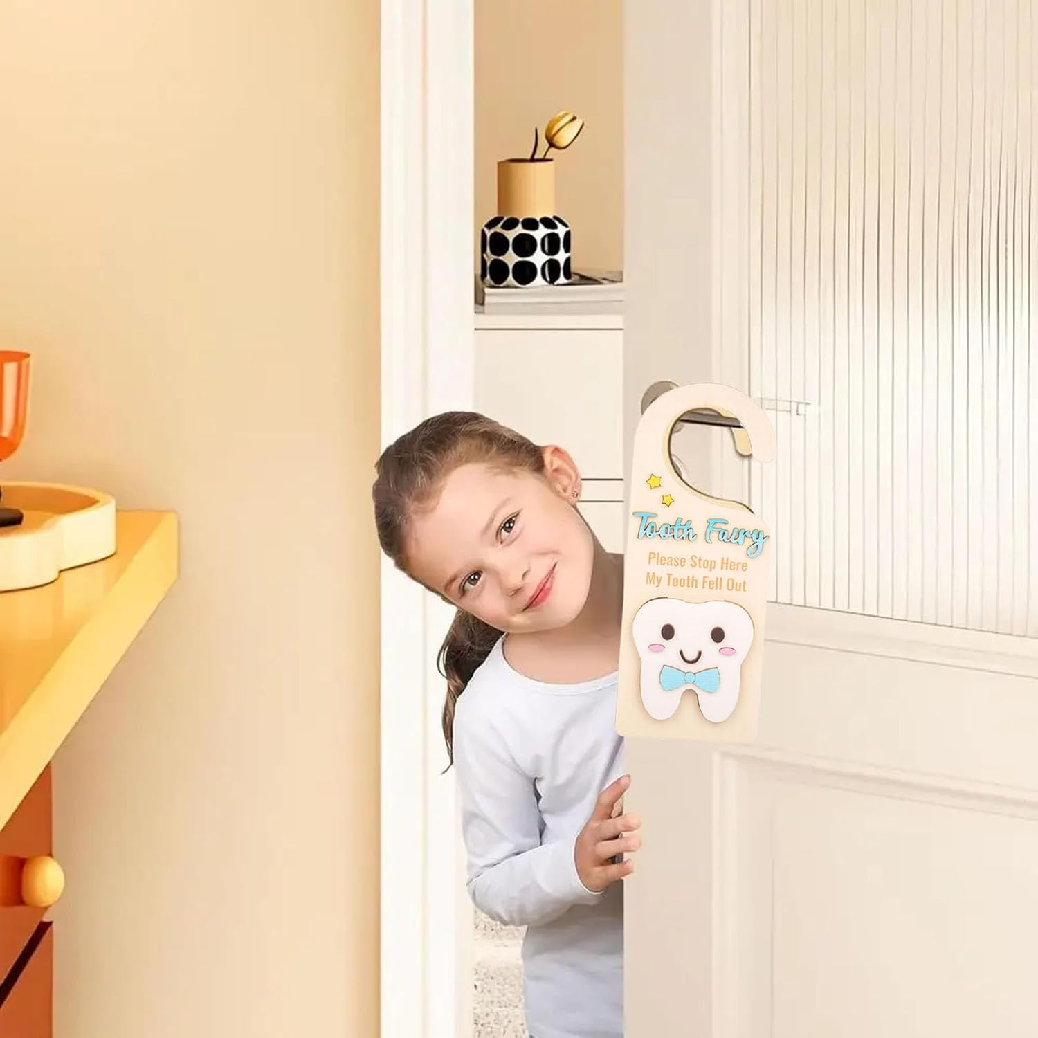 Tooth Fairy Door Hanger 3D Wooden Teeth Fairy Coin Holder, Magical Keepsake Box for Kids Room Decoration, Creative Gift Encourages Tooth Fairy Tradition (Blue) image number 5
