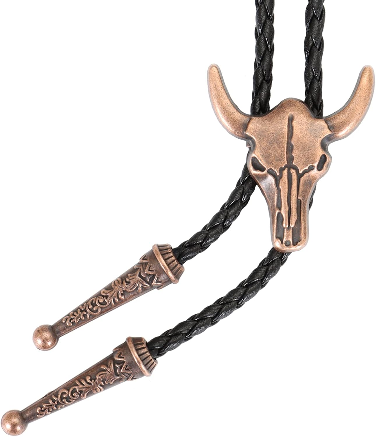 Western Vintage Bolo Tie for Men - Cow Skull Design Cowboy Tie - Black Leather Bolo Necktie Necklace