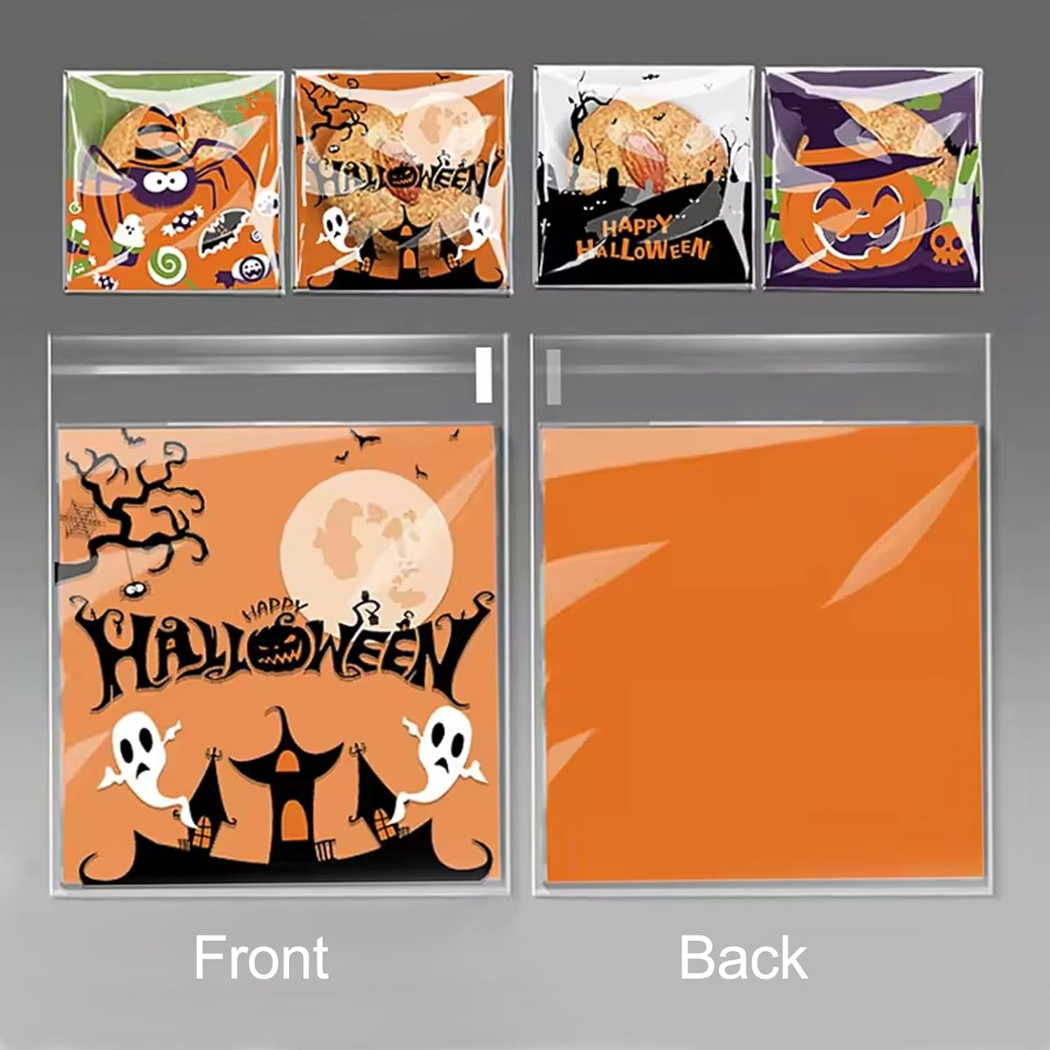 Halloween Candy Bags, 200 Pcs Self Adhesive Halloween Treat Bags Transparent Candy Cookie Bags Trick or Treat Cellophane Bags for Halloween Party Favors image number 1
