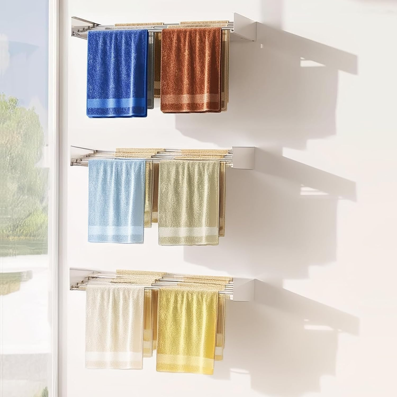 LIWEGHT Laundry Drying Rack Collapsible Wall Mounted Clothes Drying Rack Space-Saver Foldable Clothes Drying Rack with Wall Template and Long Drill Bit -White(100Cm) image number 4