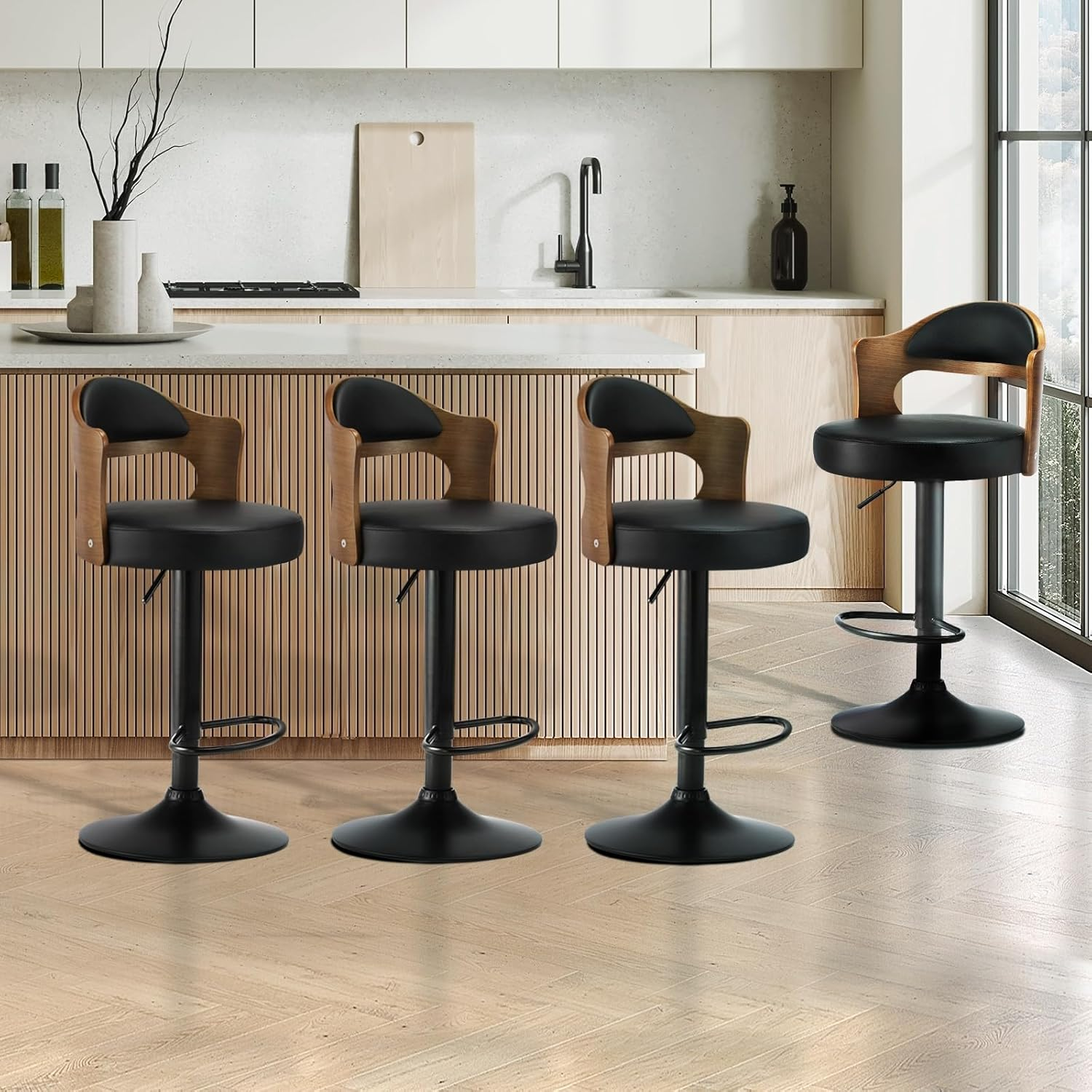 Oikiture Bar Stool Set of 4 Home Kitchen Barstools with PU Leather Seat and Gas Lift Barstools in 57-77Cm Height and Footrest Swivel Chair Set for Home Bar Dining Room, Black