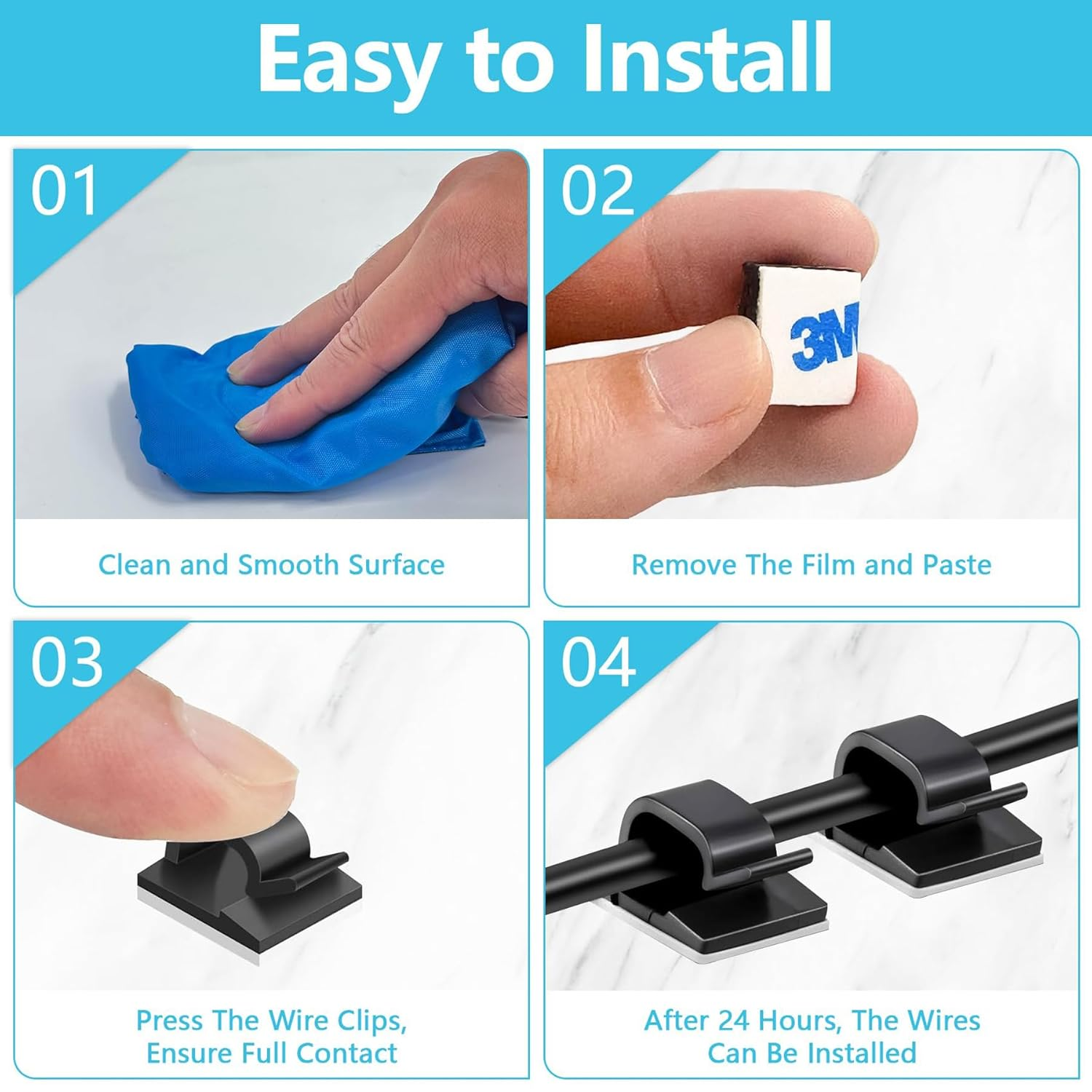 100PCS Adhesive Cable Clips, Wire Organizer Cord Management, Cable Staples Outdoor Strong Cord Clips for Wall, Desk, Christmas Lights, String Lights, TV PC Ethernet Cable, Black Small image number 1