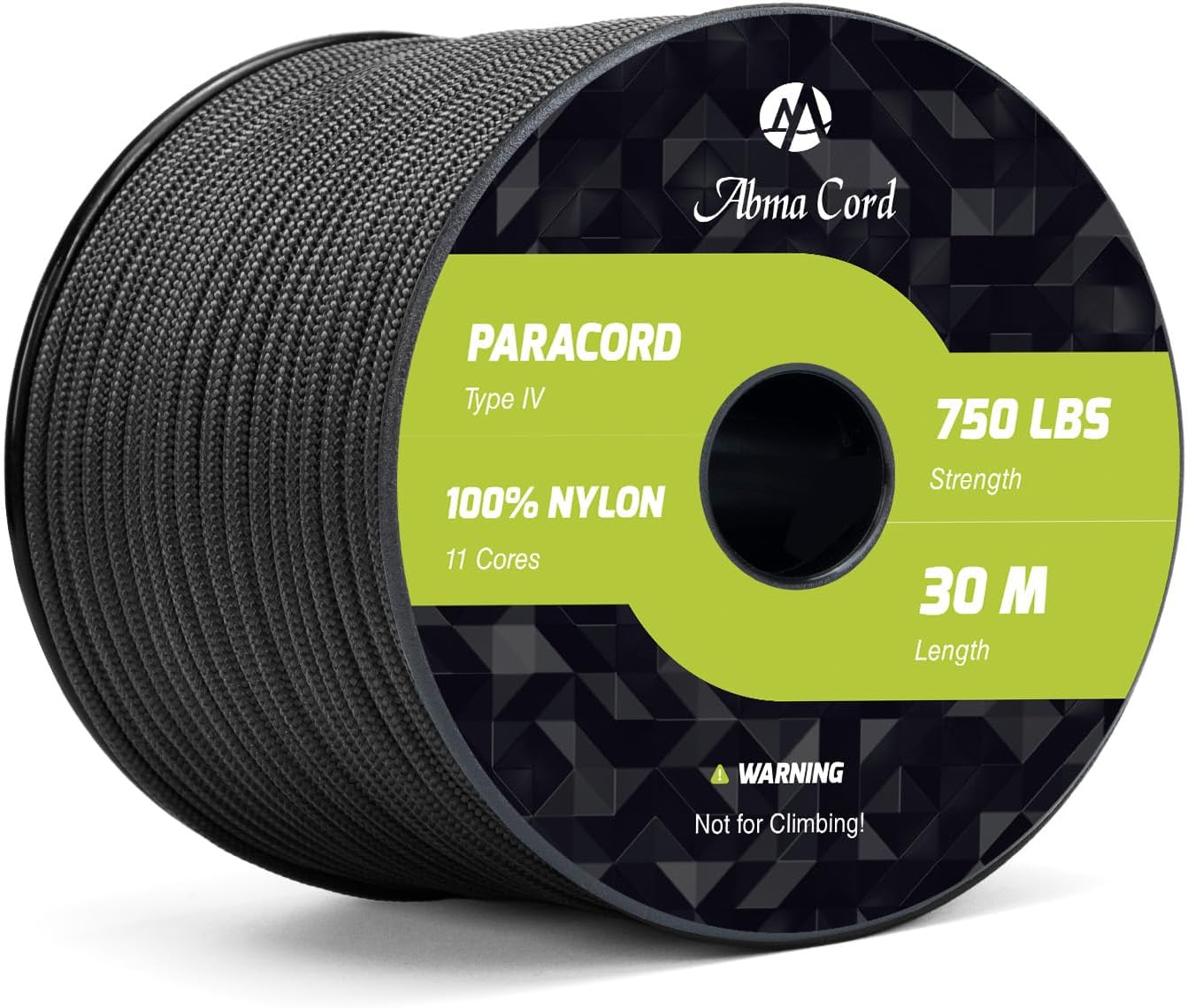 Abma Cord 4Mm Paracord 750Lb 30M 100% Nylon Rope 11 Strands Type IV Military Grade Parachute Cord for DIY, Camping, Survival, Outdoor - Max. 340Kg - Black