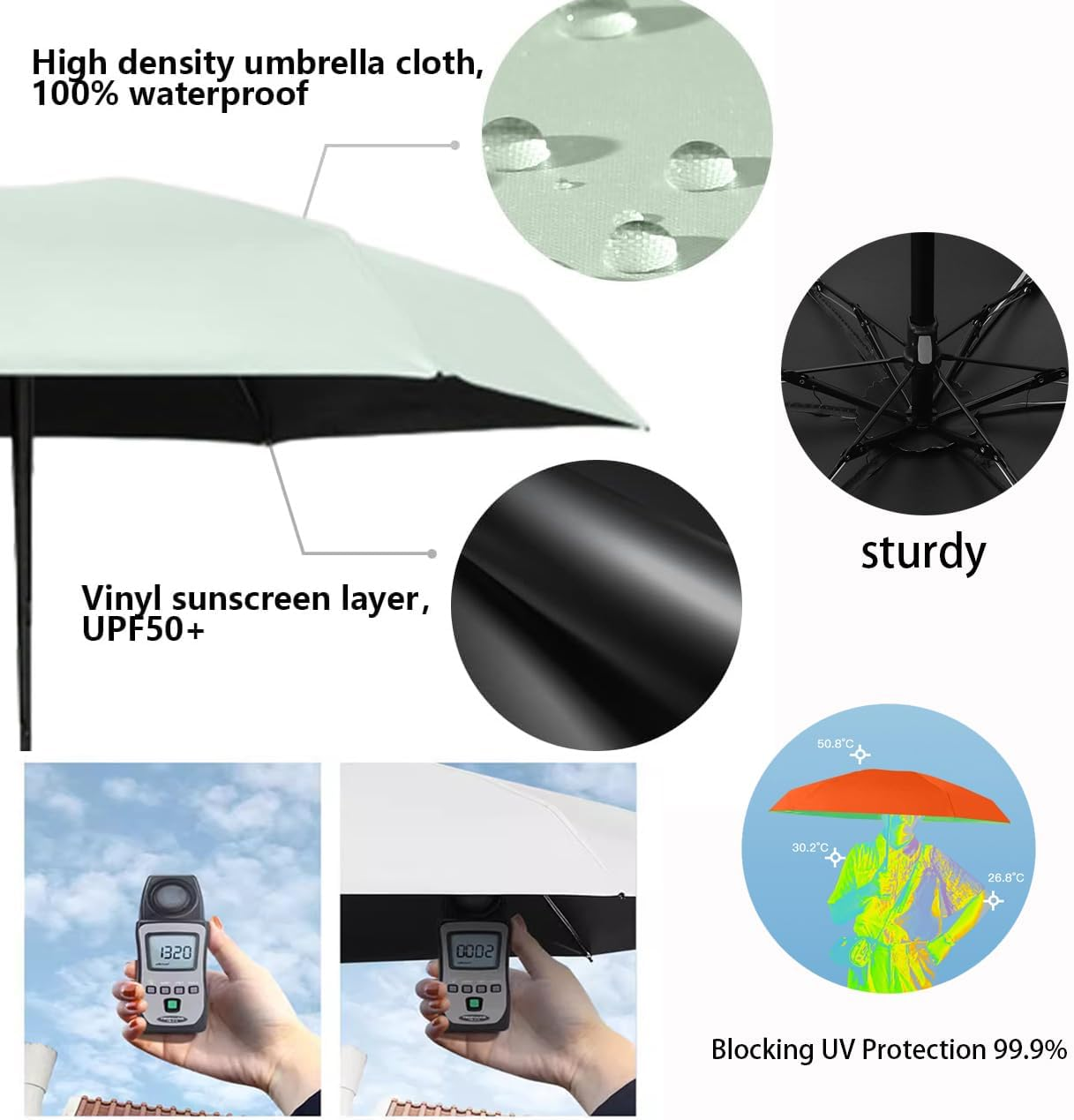 Mini Sun Travel Umbrella Ring Handle Coating Layer Fabric Compact Folding Purse Umbrella/Lightweight Small Portable Backpack/Rain Sun/Blocking/Anti UPF 50 UV Protection 99.9% Men Women Kids - Light Green image number 2