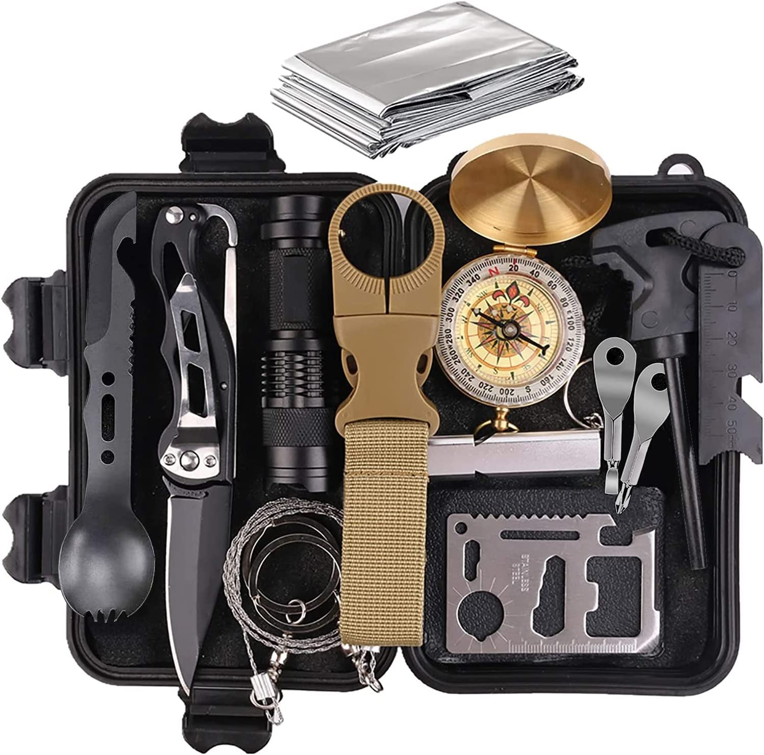 Survival Kit,13 in 1 Survival Gear and Equipment, First Aid Kit with Survival Emergency Knife Blanket Flashlight Compass Multispork Whistle Screwdriver for Camping Adventures