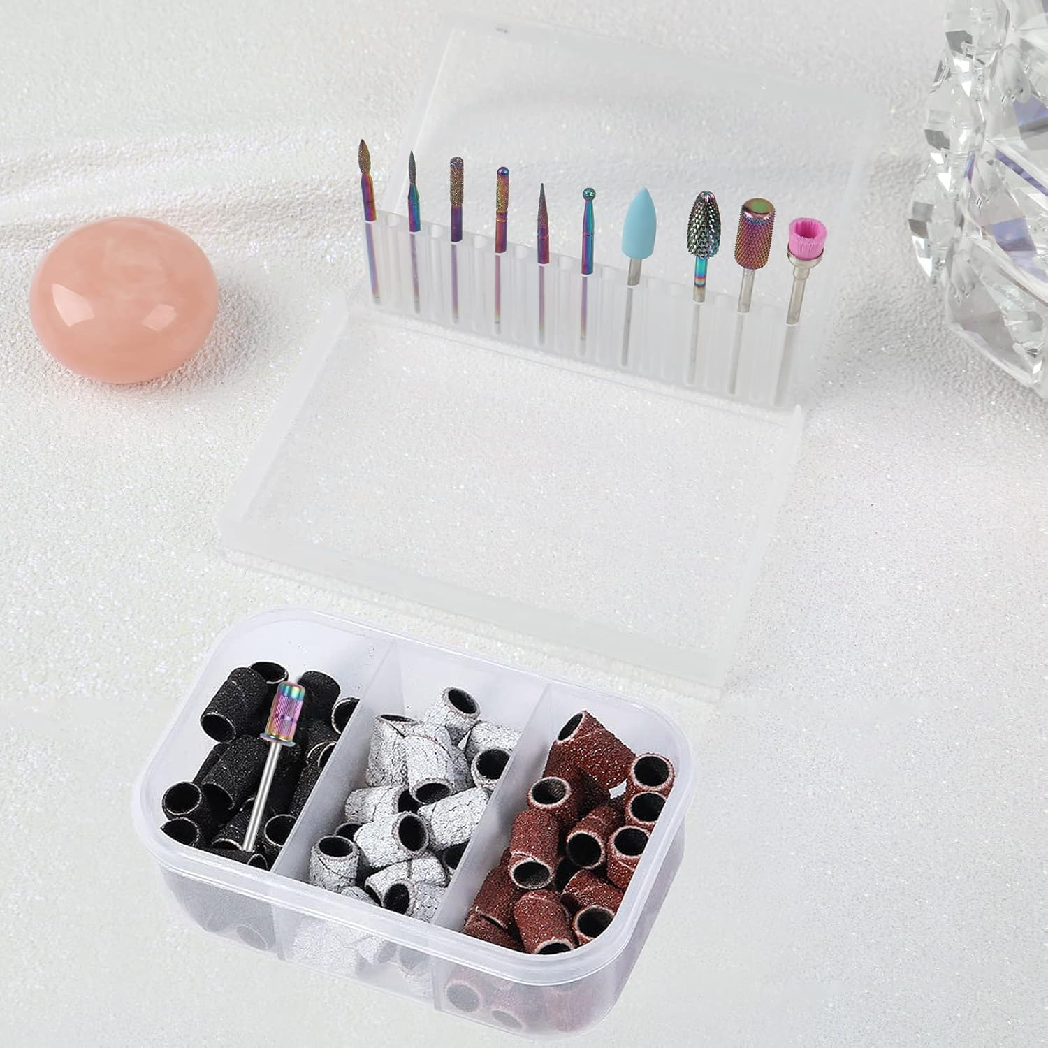 BQAN Nail Drill Bits, 10Pcs 3/32 in Carbide Professional Drill Bit Set for Nail Tech, Remove Acrylic Gel Nails, Manicure with 75Pcs File Sanding Bands (#80#120#180 Grits) - 17Pcs image number 3