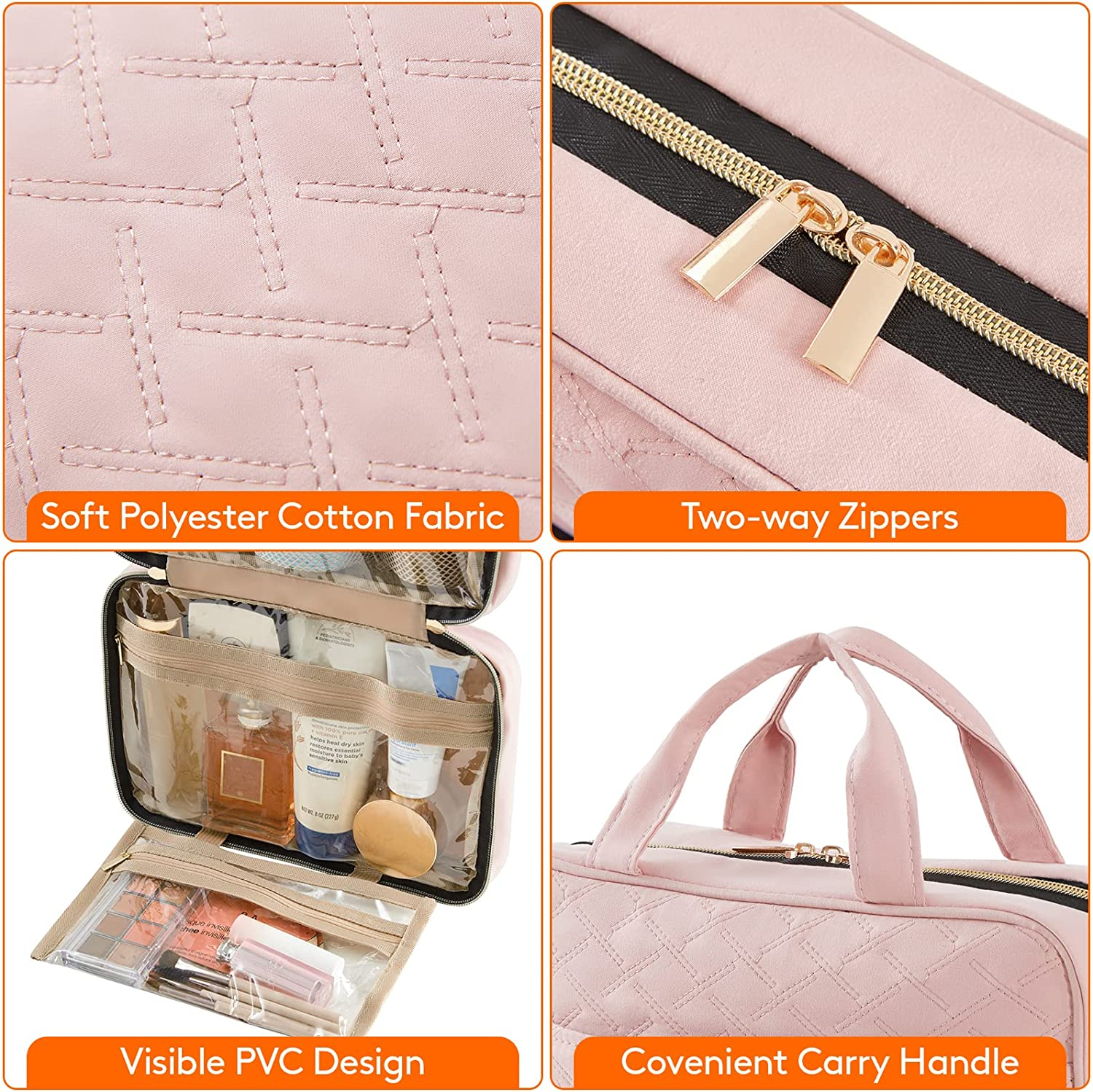 Lifewit Travel Toiletry Bag, Large Hanging Makeup Bag Organiser for Women, Transparent Travel Cosmetic Bag with Hanging Hook for Full Size Bottles, Vacation Essentials, Medium, Pink image number 2