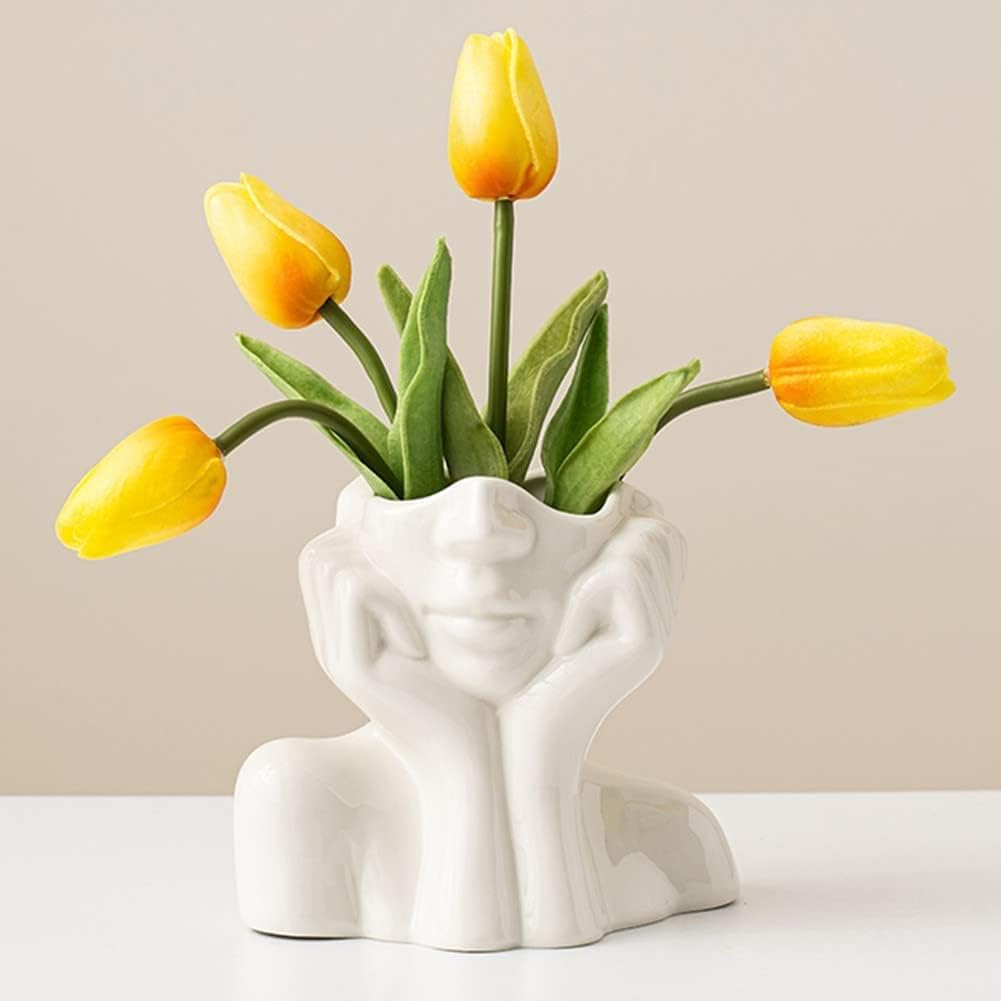 White Ceramic Face Vase - Flower Vase Desk Decor Female Form Head Bust Vase for Modern Home Living Room Table Bookshelf Decor image number 2