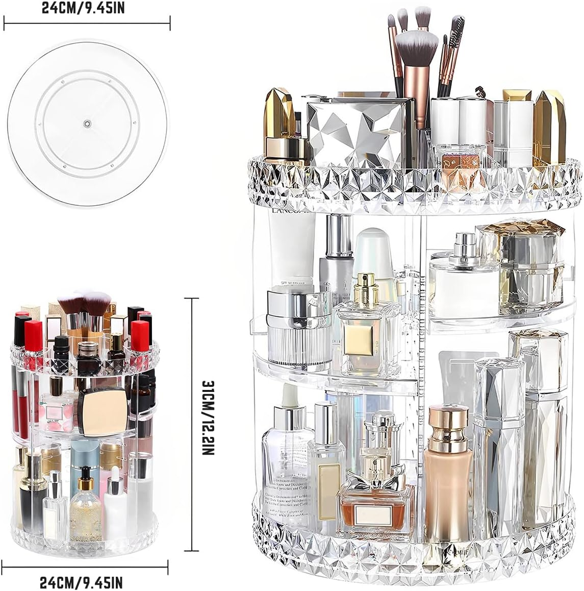 Rotating Makeup Organizer, Makeup Stand with 3 Tiers Compartment 360 Degree Small Rotating Makeup Organizer, Large Capacity Cosmetic Storage Display Box Clear (Transparent) image number 3