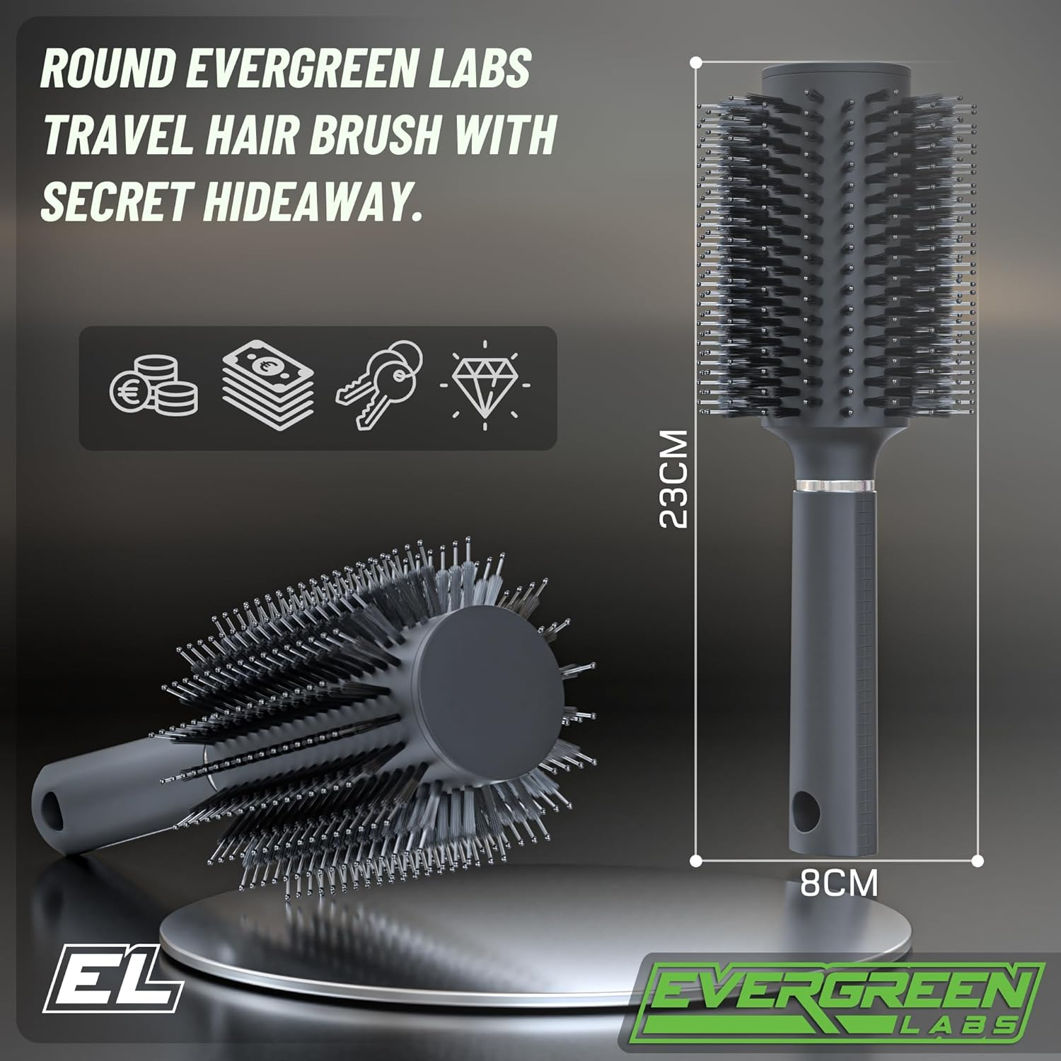 Evergreen Labs Travel Hair Brush with Secret Hideaway. Perfect as a Money Hiding Place for Home or as a Discreet Key Hiding Place on the Go