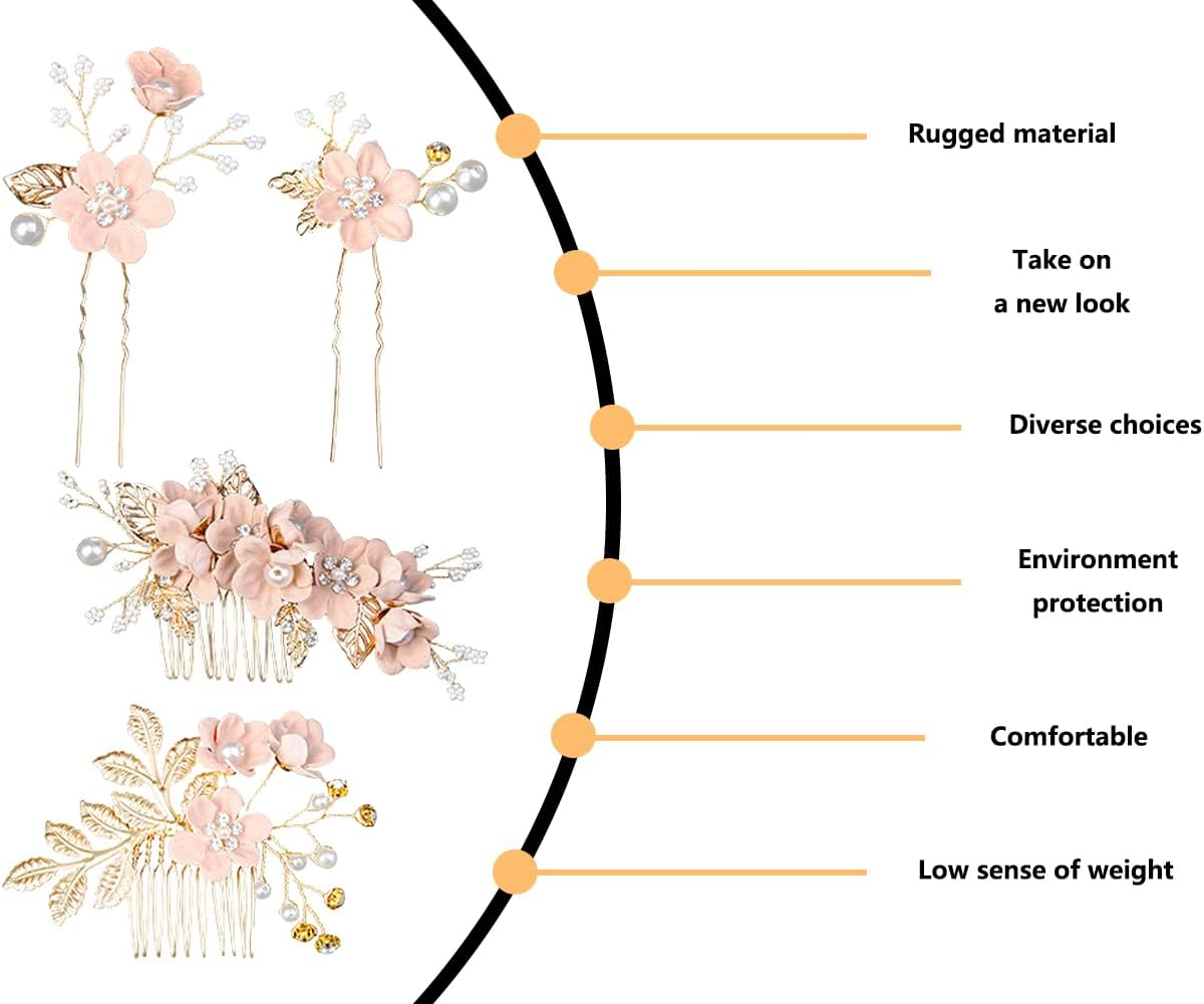 KAPSING Set of 4 Bridal Hair Accessories Wedding Rhinestone Hair Combs Floral Bridal Headpiece Pearl Flower Bridal Hair Accessories Handmade Bridal Hair Comb Hair Clip image number 1