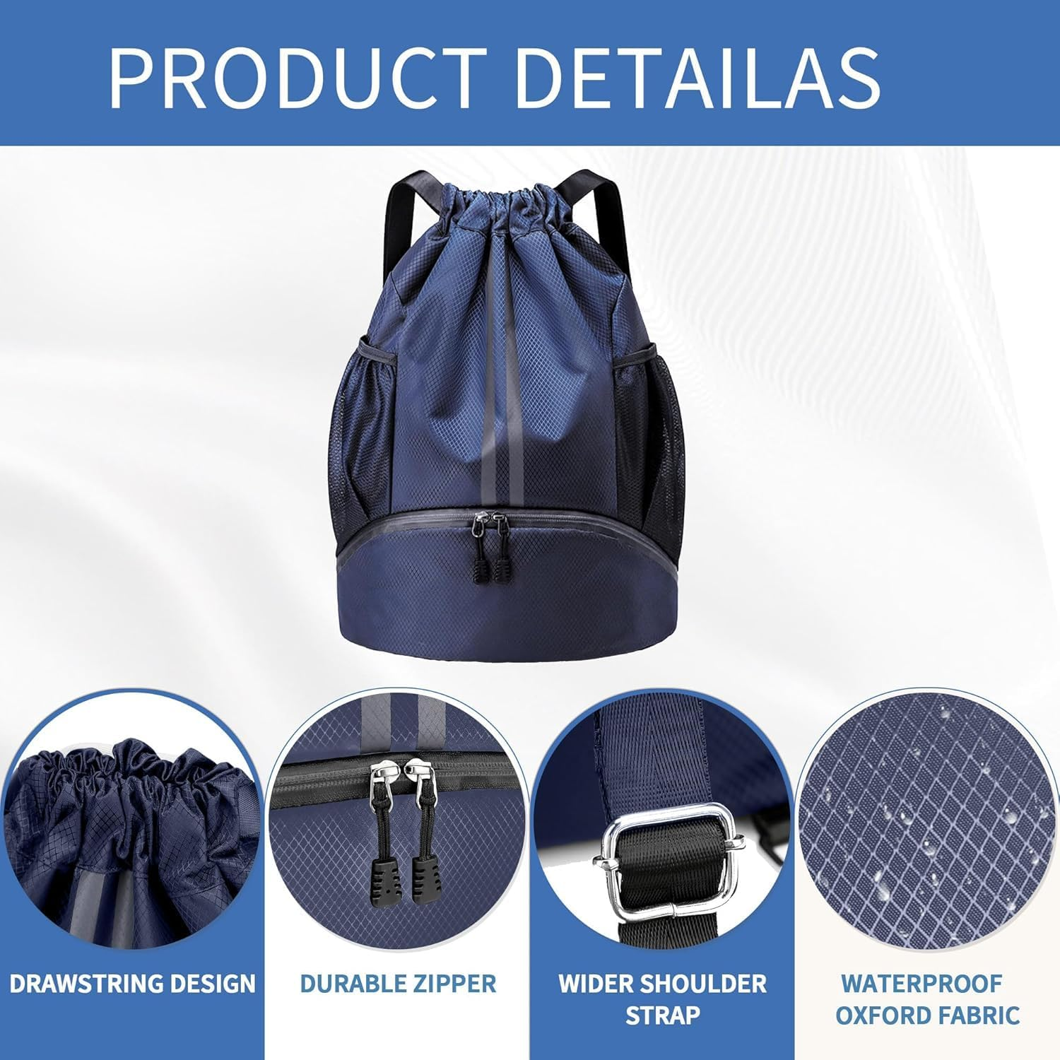 Sports Drawstring Backpack,Water Resistant Lightweight String Gym Bag with Shoes Compartment and Wet Proof Pocket for Women Men. - Black image number 2