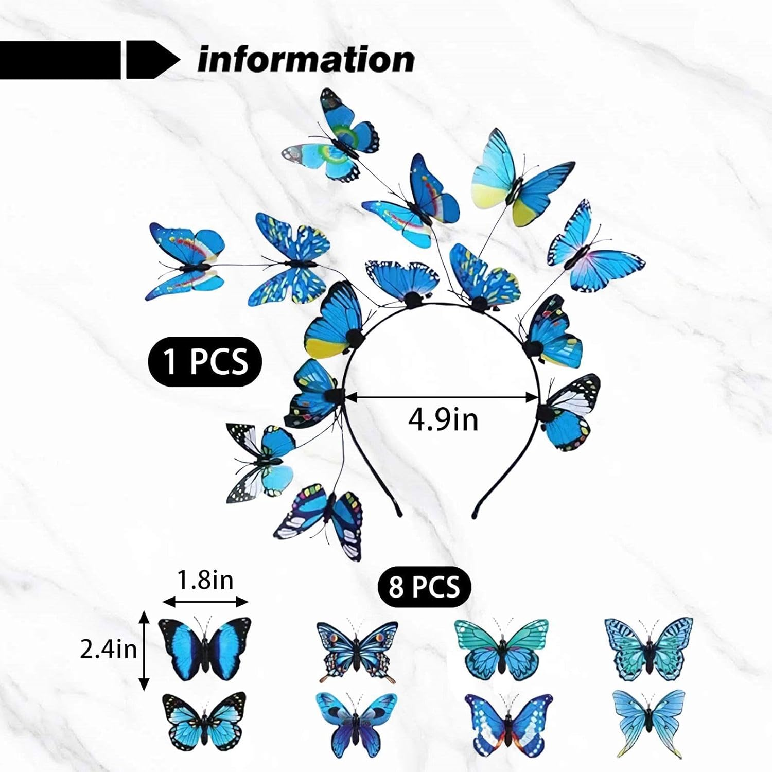 1 X Blue Butterfly Headband, 8-Piece Hair Pins, Creative Headband, Intrusive Props, Interesting Hair Accessories and Hairstyle for Women. image number 1