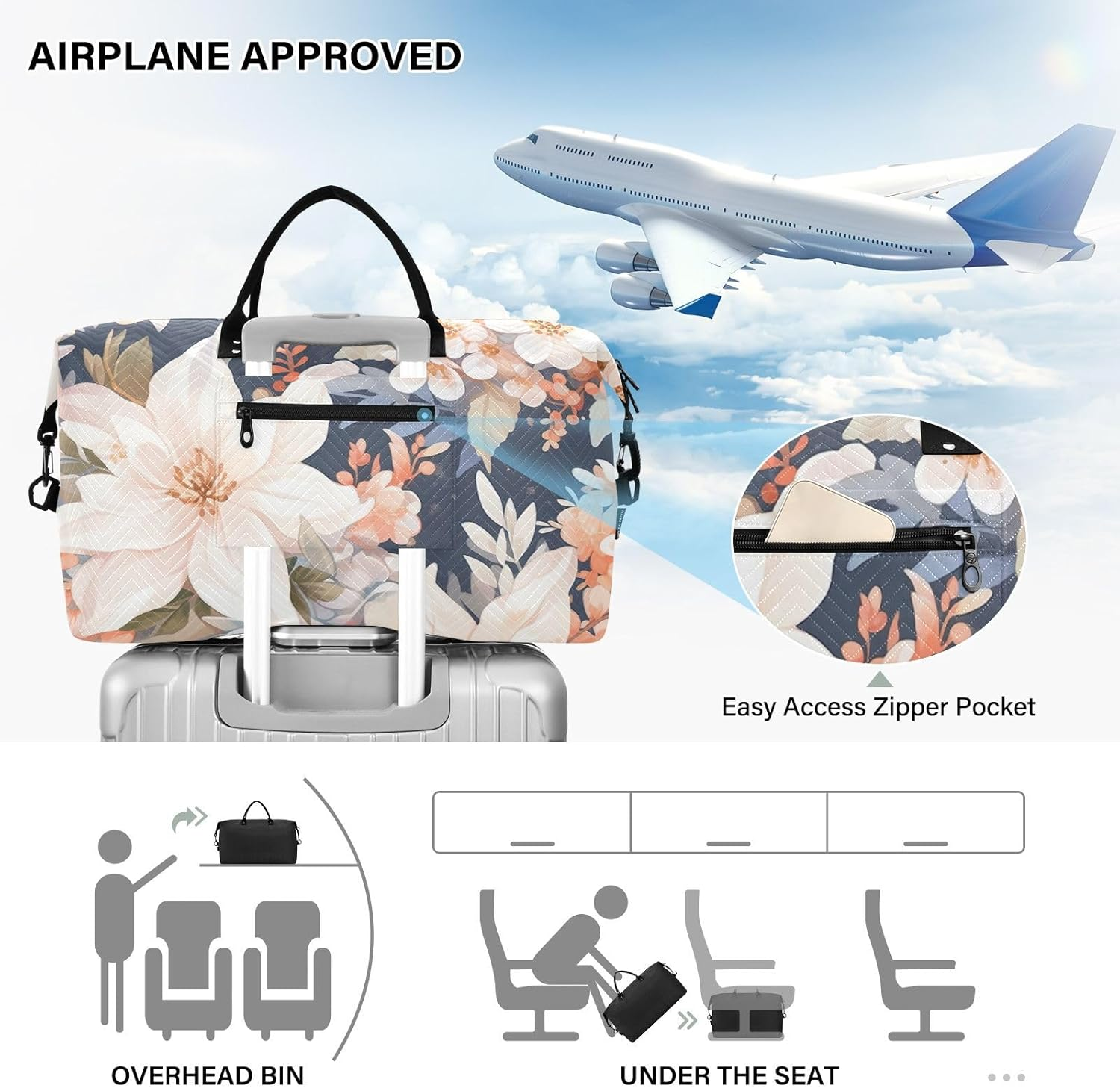 XYMZR Large Travel Duffel Bag, Blooming Floral Sports Tote Gym Bag, Shoulder Weekender Overnight Bag for Women Men, Carry on Luggage with Toiletry Bags, Multi-Colored, Multi-Colored image number 5