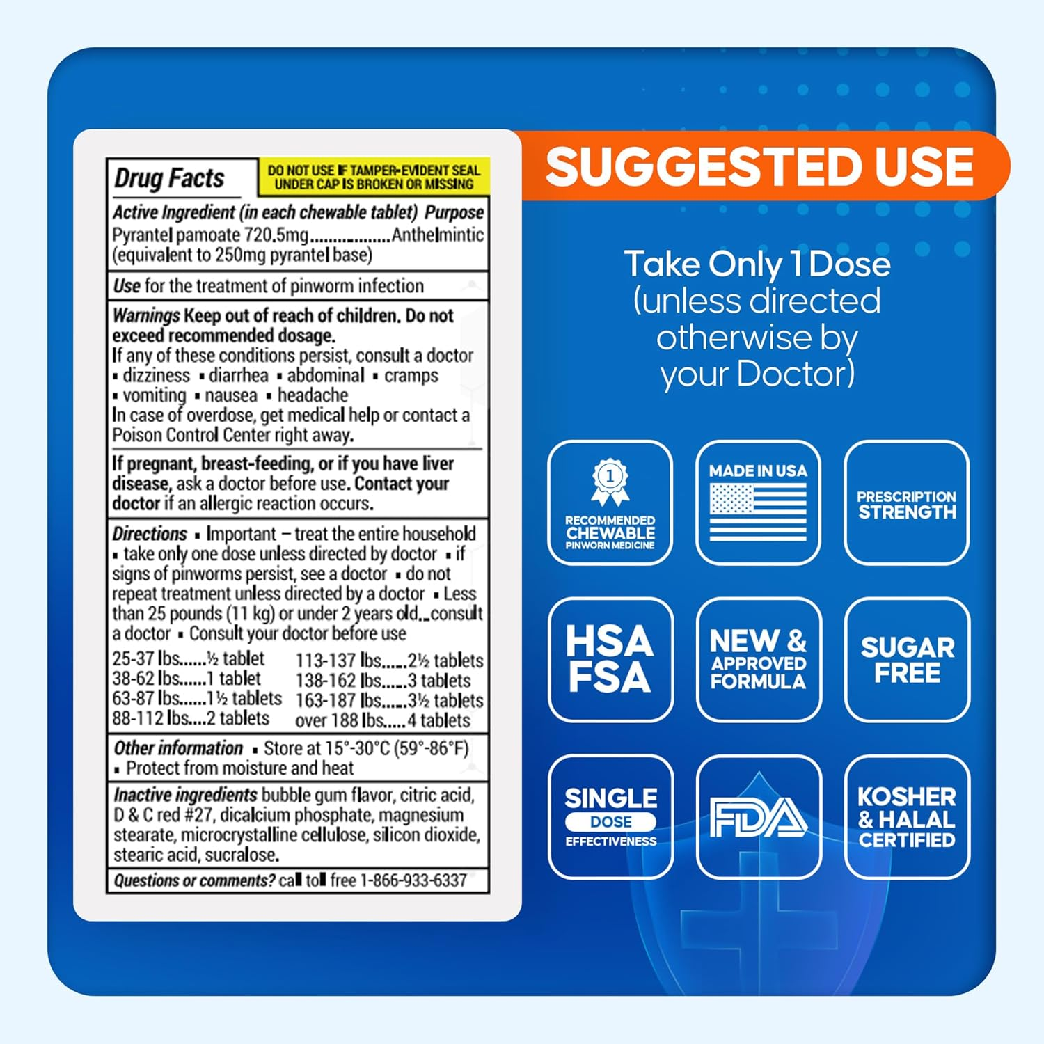 Pinrid Pyrantel Pamoate Dewormer for Humans - 250Mg, Pinworm Medicine for Adults & Kids, Fast Acting Human Dewormer Treatment for Pinworms, Hookworm, Roundworm, Whipworm, 12 Chewable Tablets image number 1